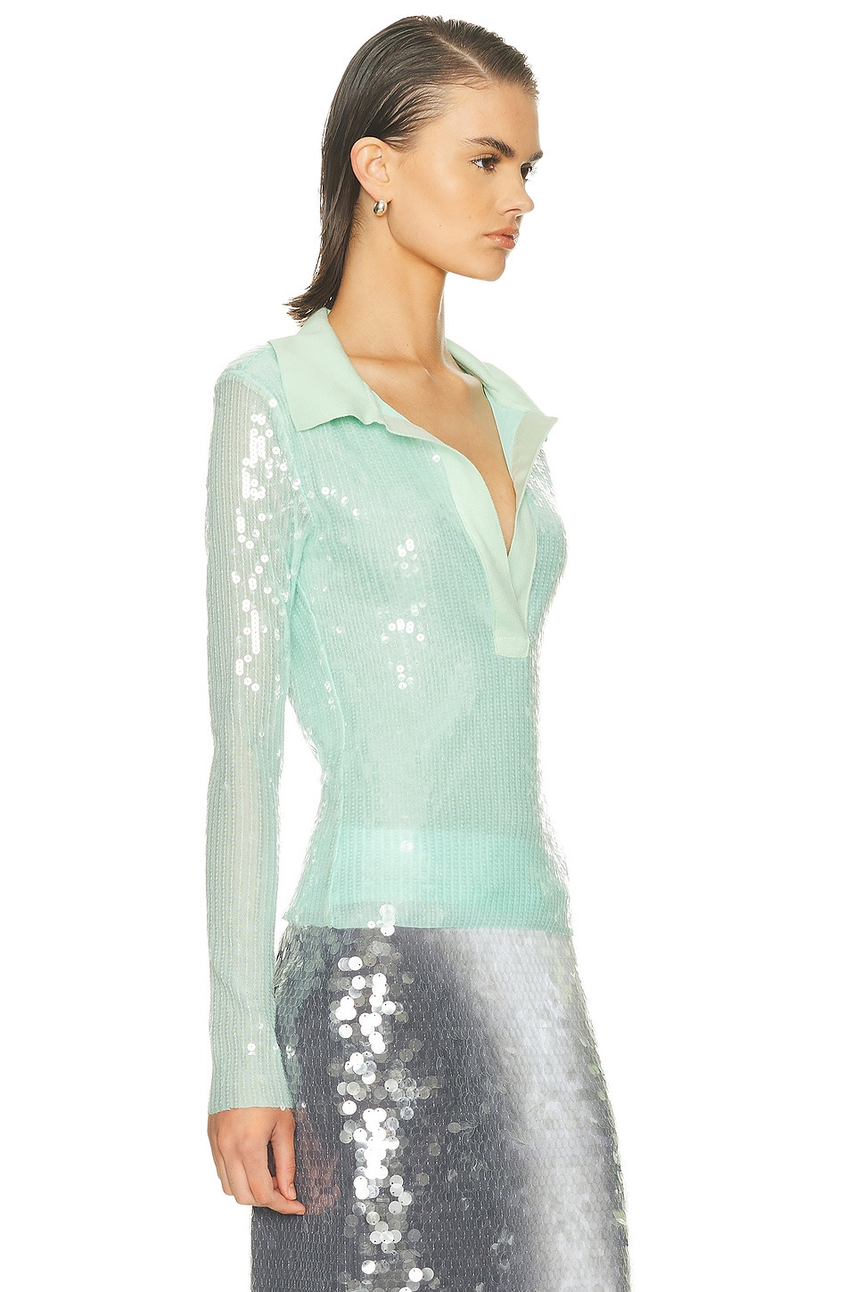Knit Collar Sequin Polo Top - 2