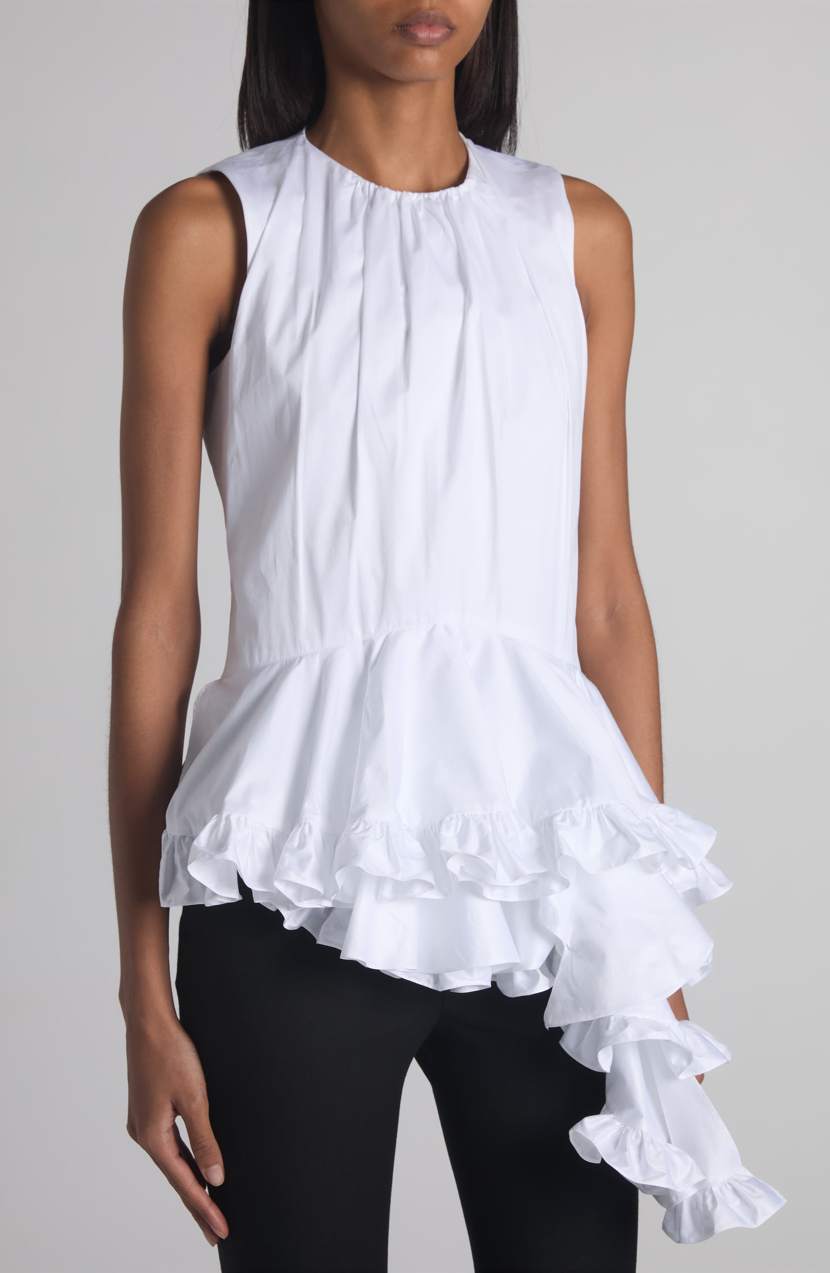 McQueen Asymmetric Ruffle Cotton Top in Ivory at Nordstrom - 4