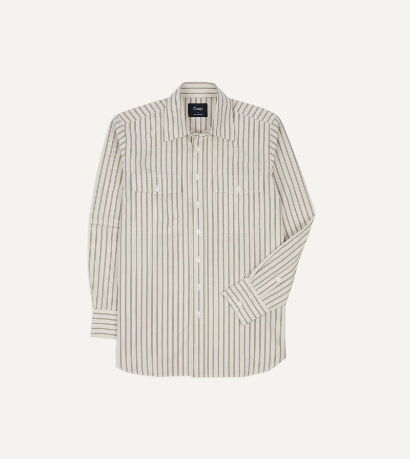 Ecru Stripe Cotton Two-Pocket Western Shirt - 1
