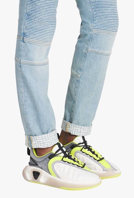 White and neon yellow gummy leather and mesh B-Runner sneakers - 8