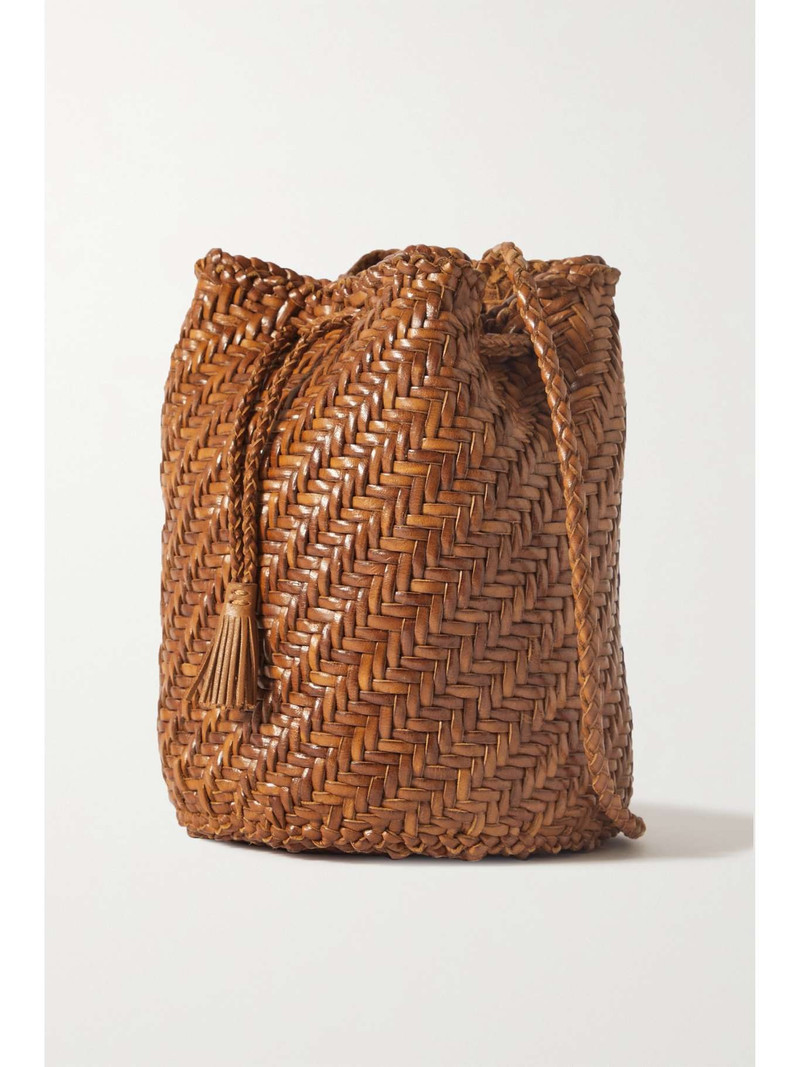 Pompom Double Jump woven leather bucket bag Tan 3