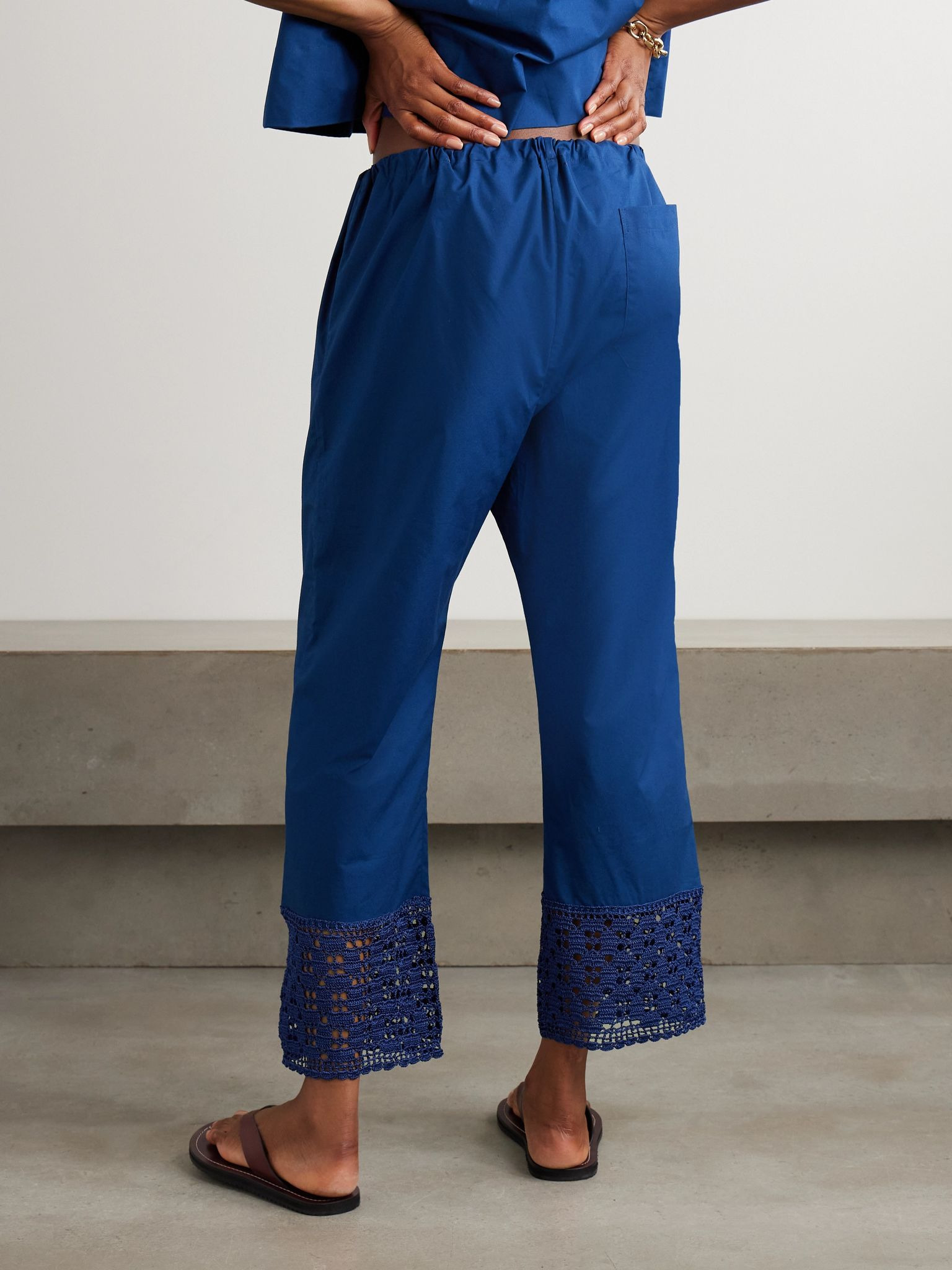 Heirloom crochet-trimmed cotton-poplin wide-leg pants Navy - 3