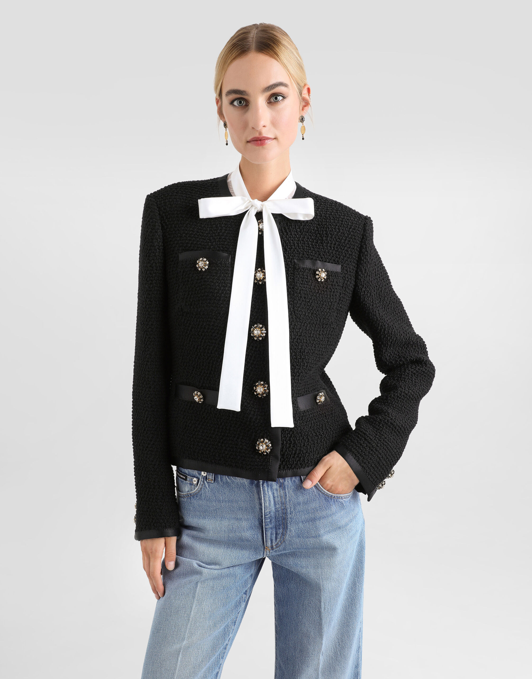 Cropped single-breasted bouclé tweed jacket with bejeweled buttons - 4