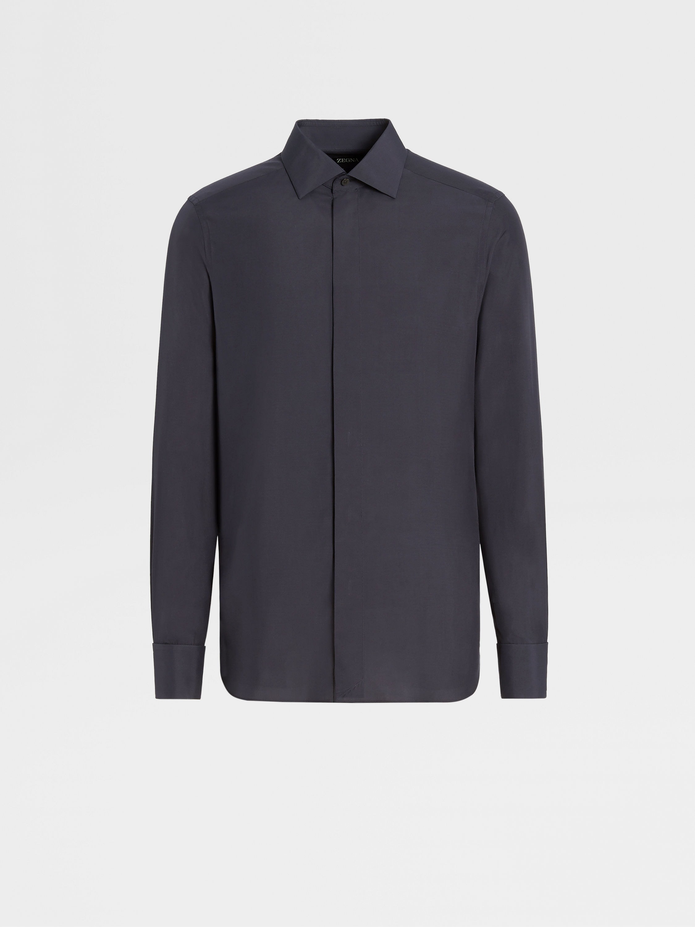 NAVY BLUE SILK EVENING SHIRT - 1