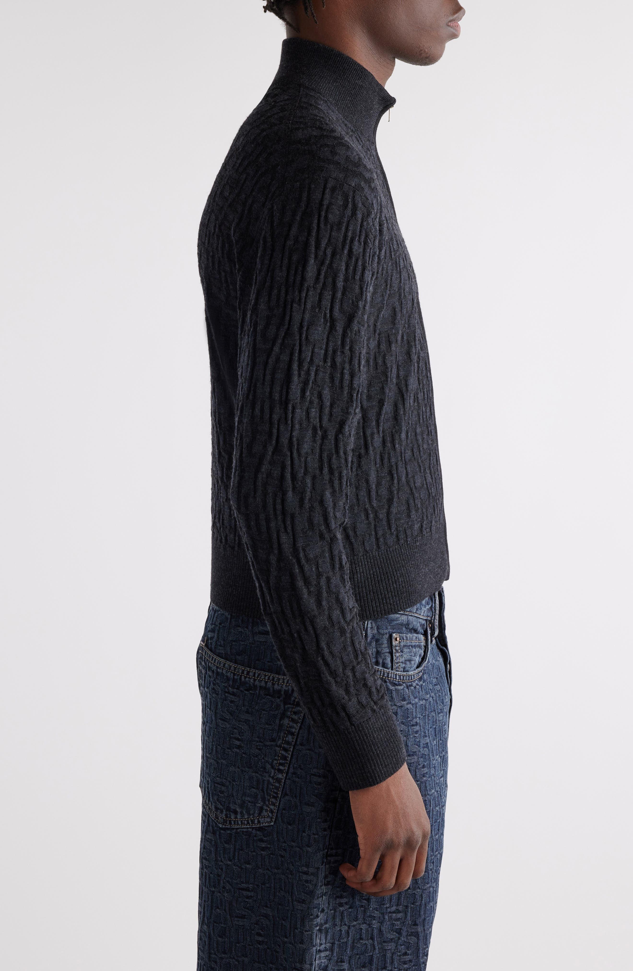 Acne Studios Debossed Zip-Up Wool Cardigan in Black/Grey at Nordstrom - 4
