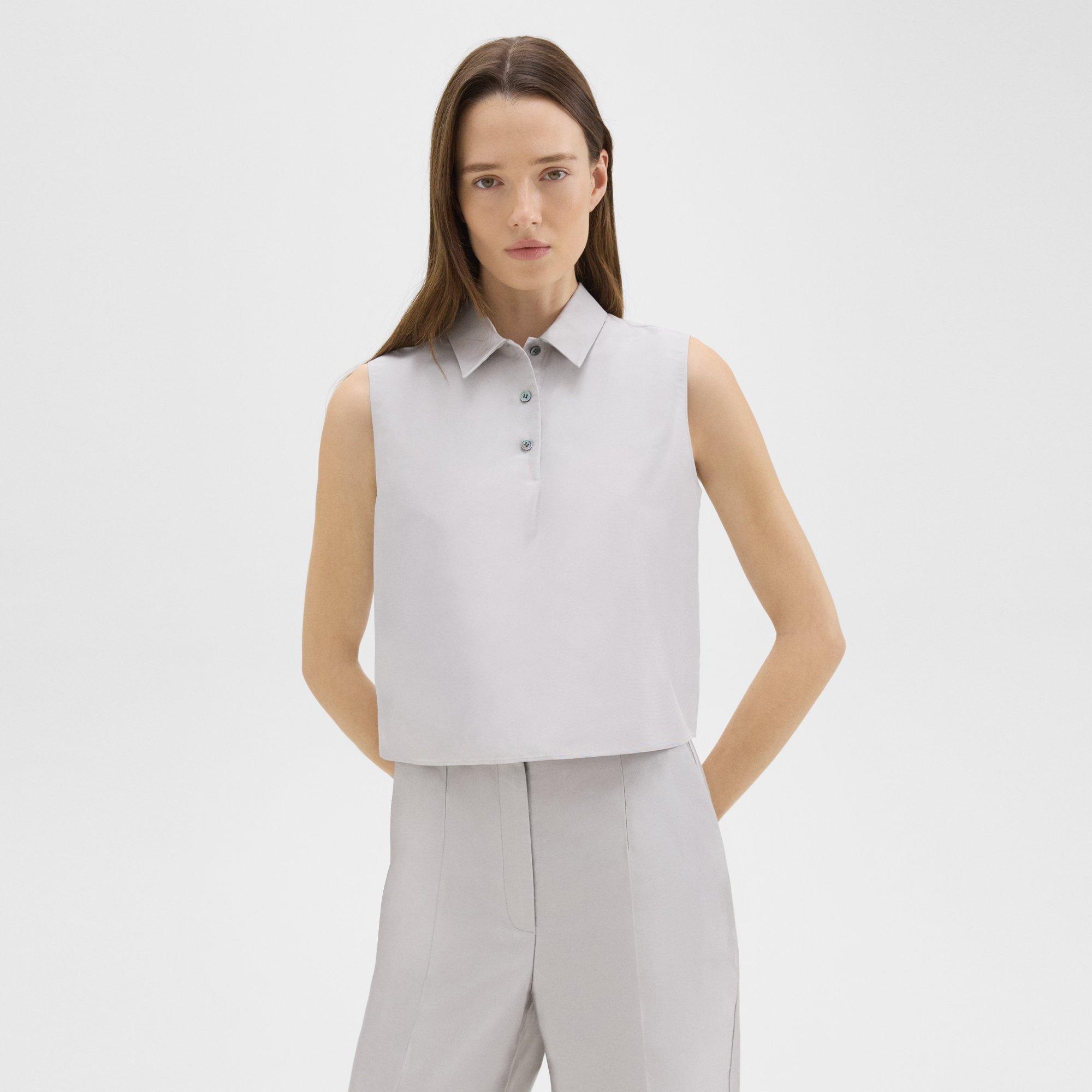 Cropped Sleeveless Polo in Metallic Silk Twill - 2