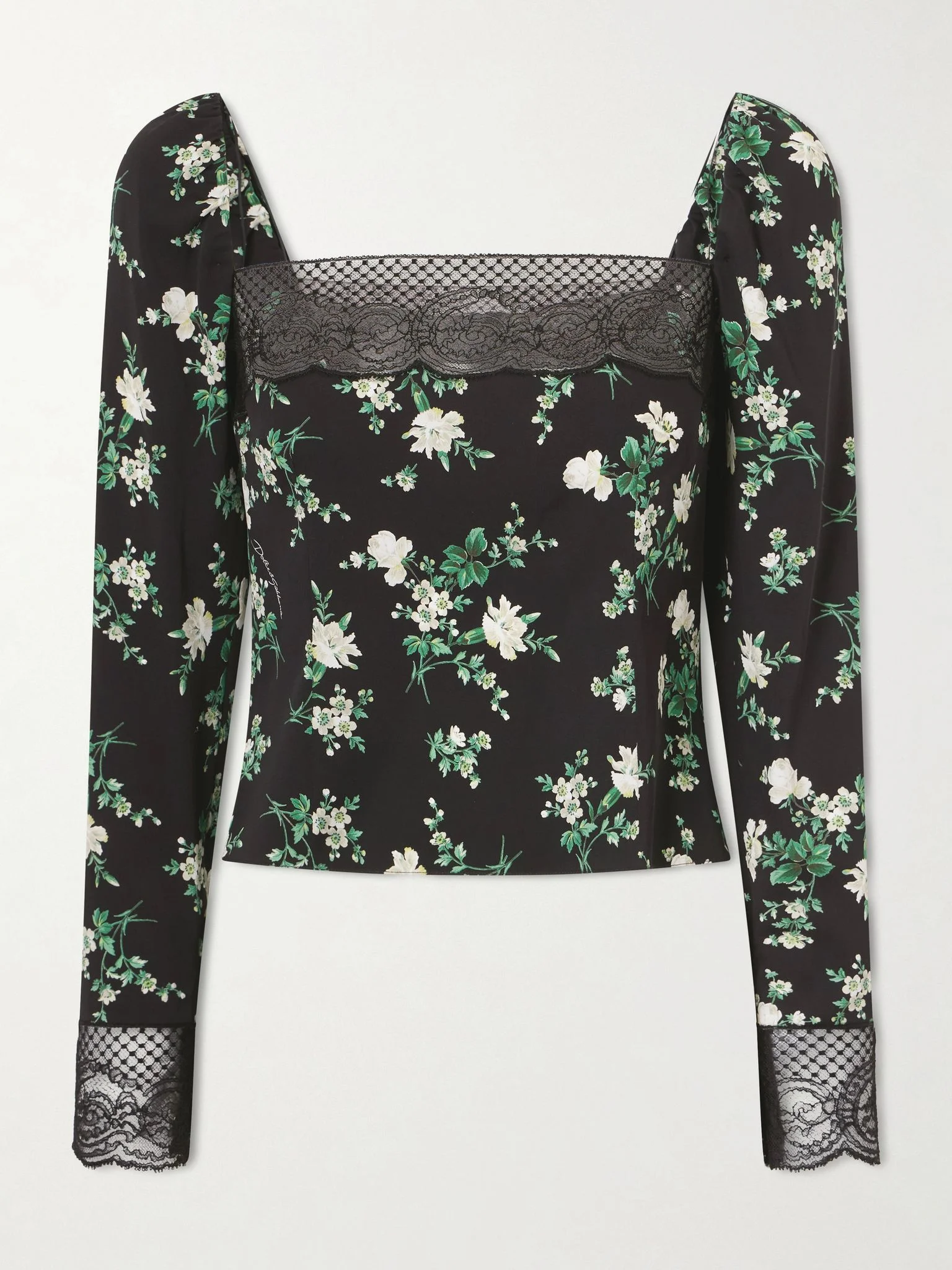 Floral-print lace-trimmed silk-blend top Black - 1