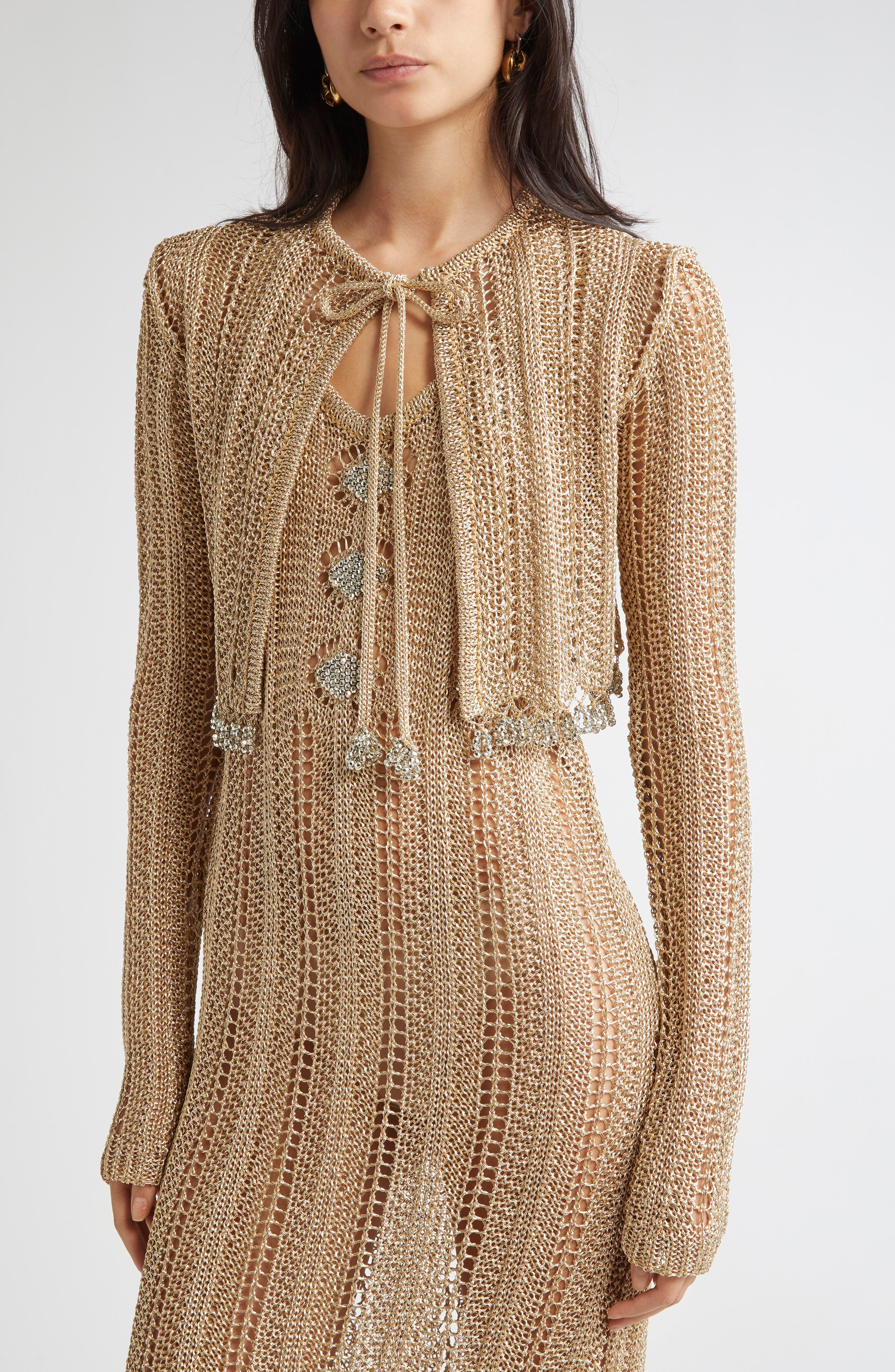 Rabanne Crochet Crop Cardigan in Light Gold at Nordstrom - 4