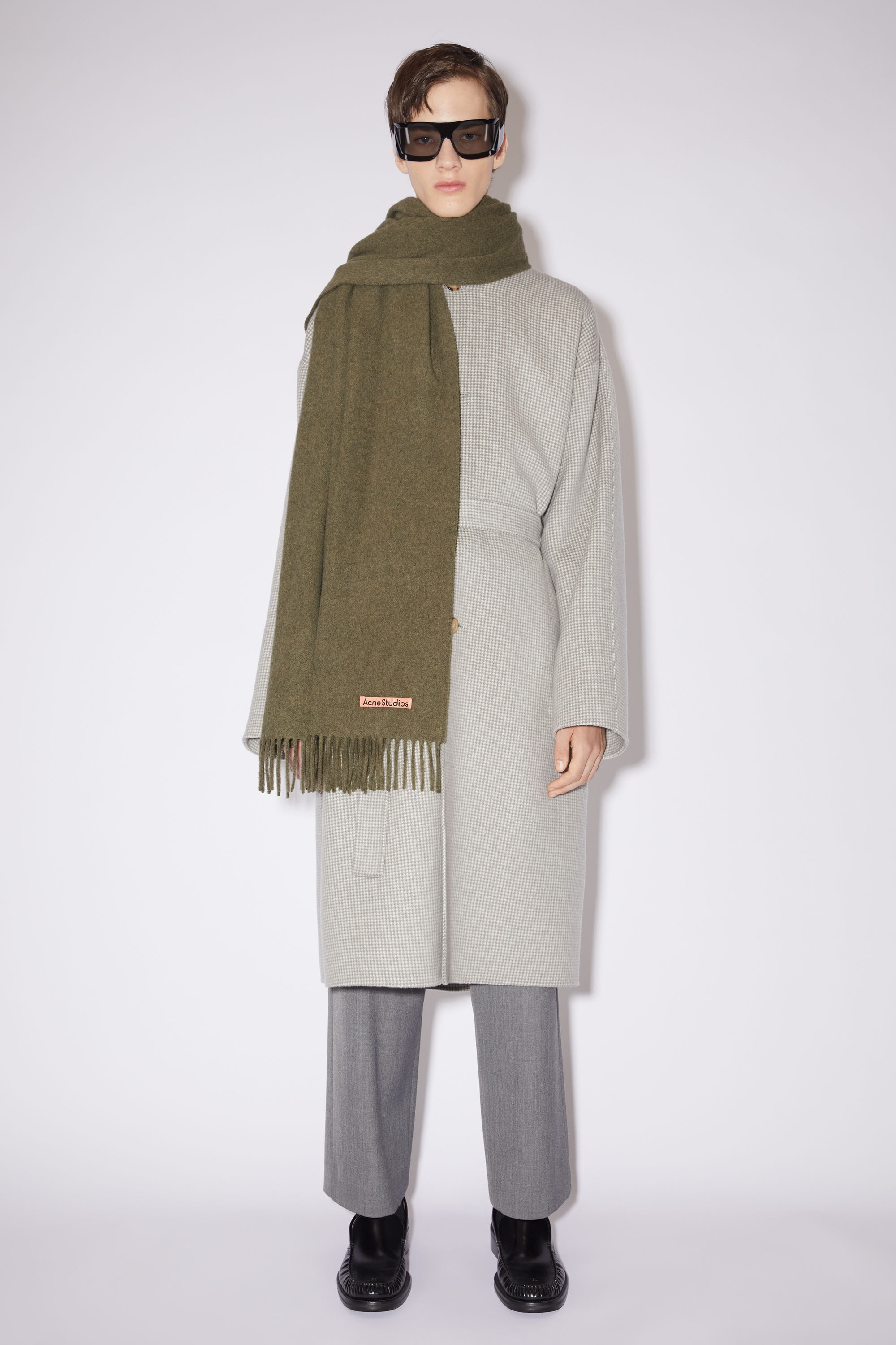 Fringe wool scarf - oversized - Light olive melange - 3