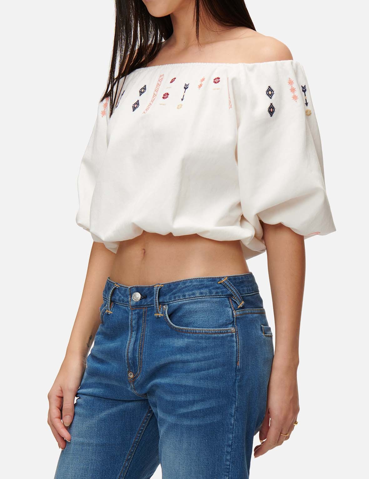 FOLKLORE PATTERN EMBROIDERED DENIM BLOUSE - 3