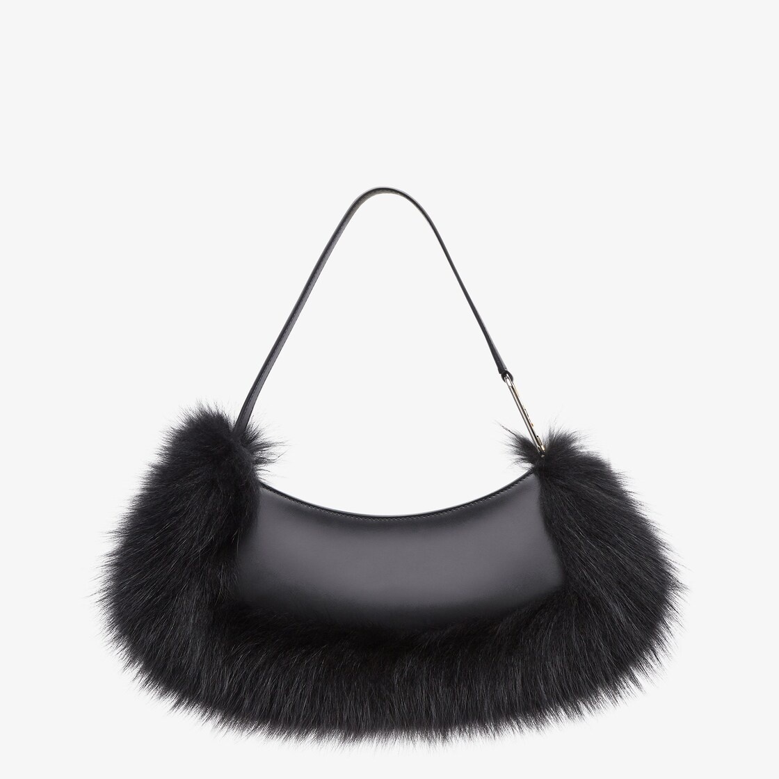 Pouch made of black leather, embellished with tone on tone fox fur and decorated with Fendi Roma let - 3