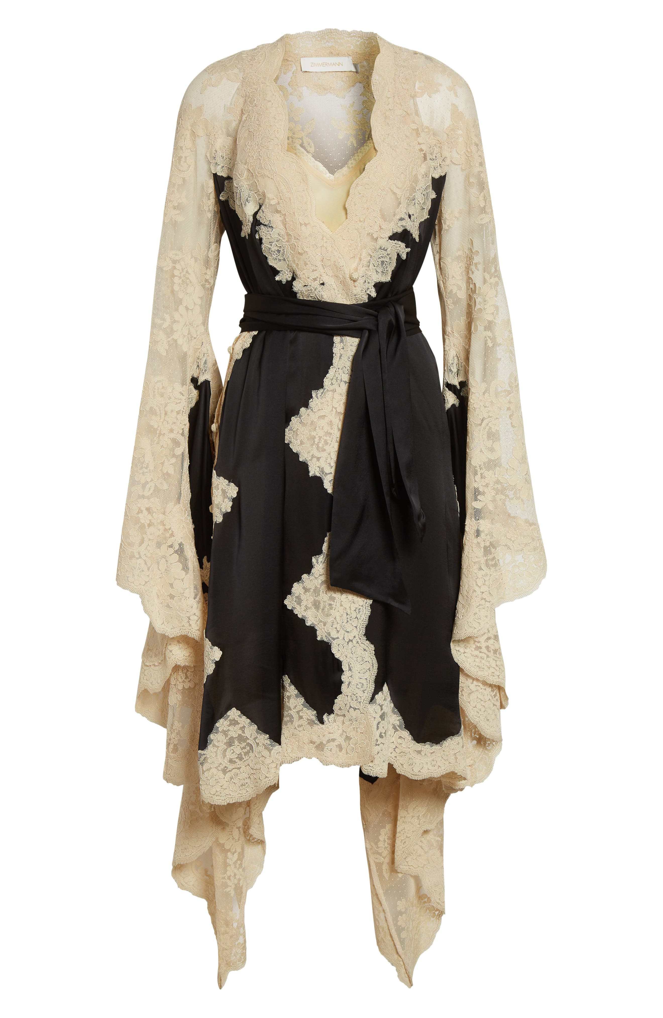 Zimmermann Hypnotic Long Sleeve Satin & Lace Wrap Dress in Beige/Black at Nordstrom - 5