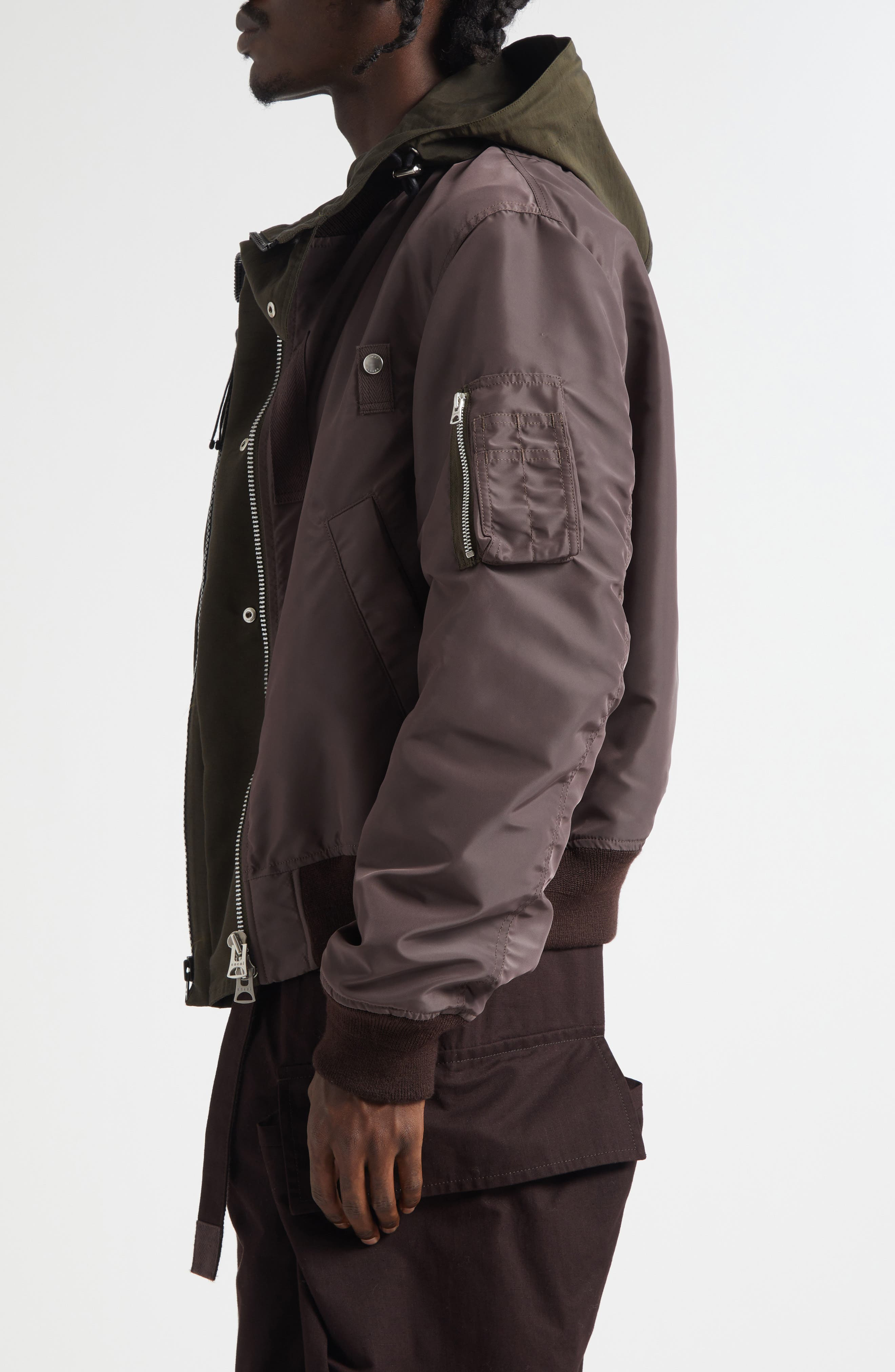 Sacai Hooded Mixed Media Jacket in Brown/Khaki at Nordstrom - 3