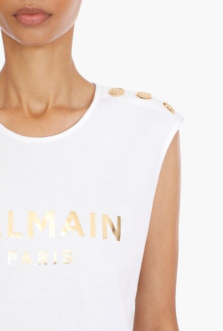 White eco-designed cotton T-shirt with gold Balmain logo print - 6