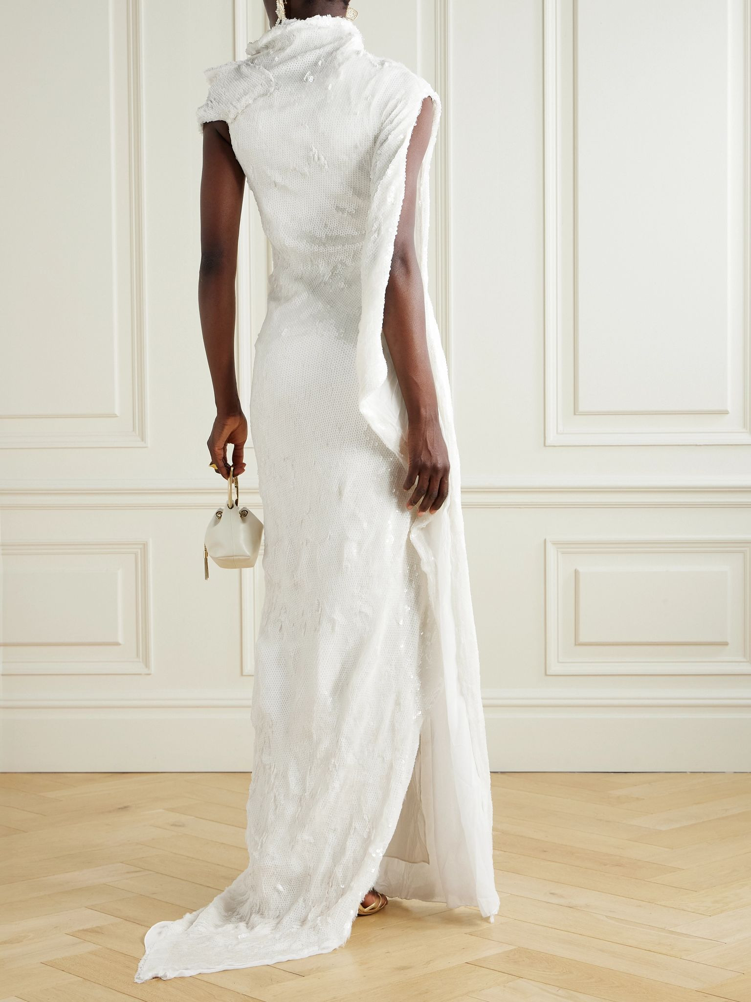 One-shoulder cape-effect draped sequined silk-blend gown Off-white - 3