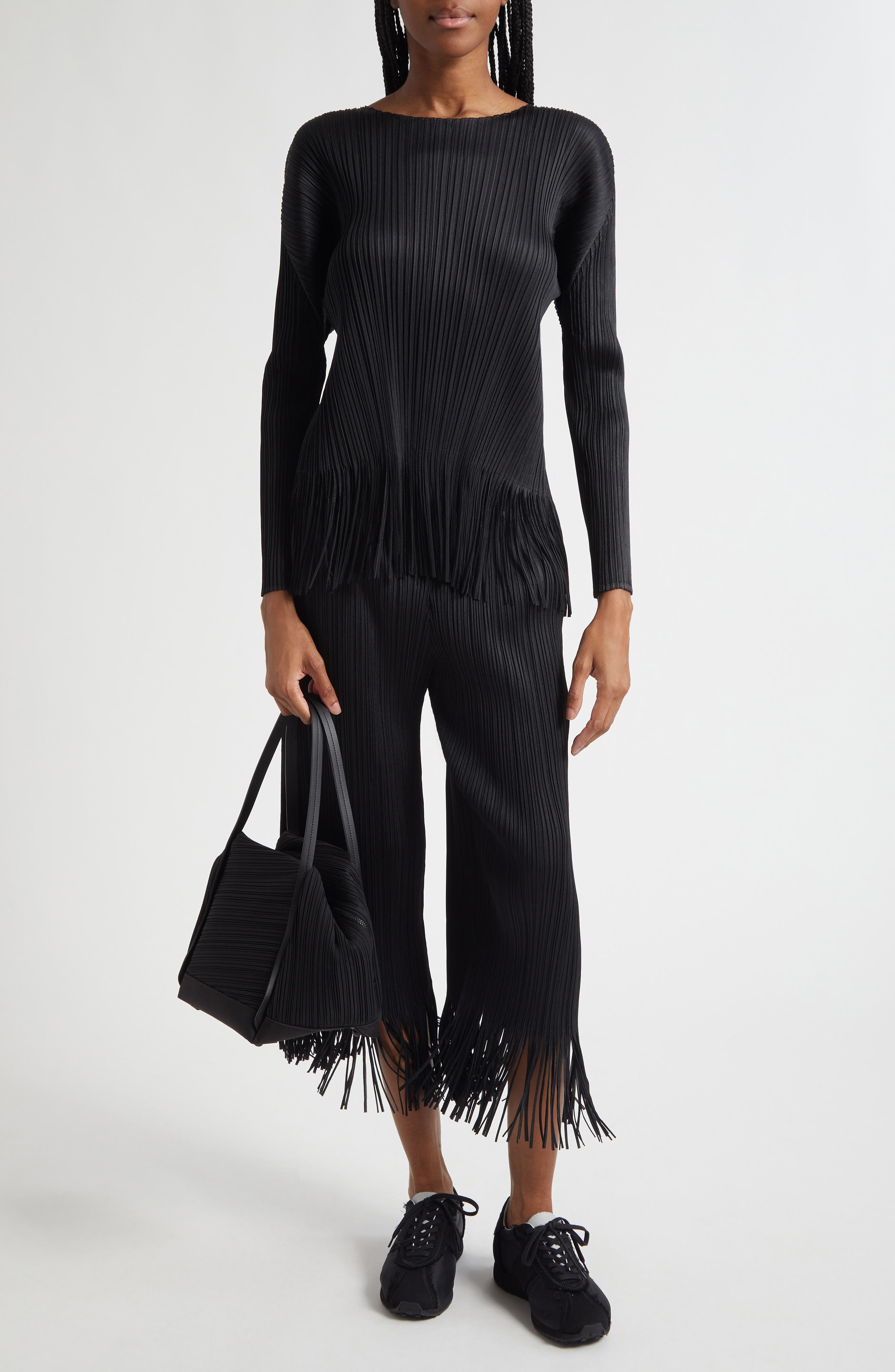 Pleats Please Issey Miyake Wave Pleated Fringe Trim Pants in Black at Nordstrom - 2
