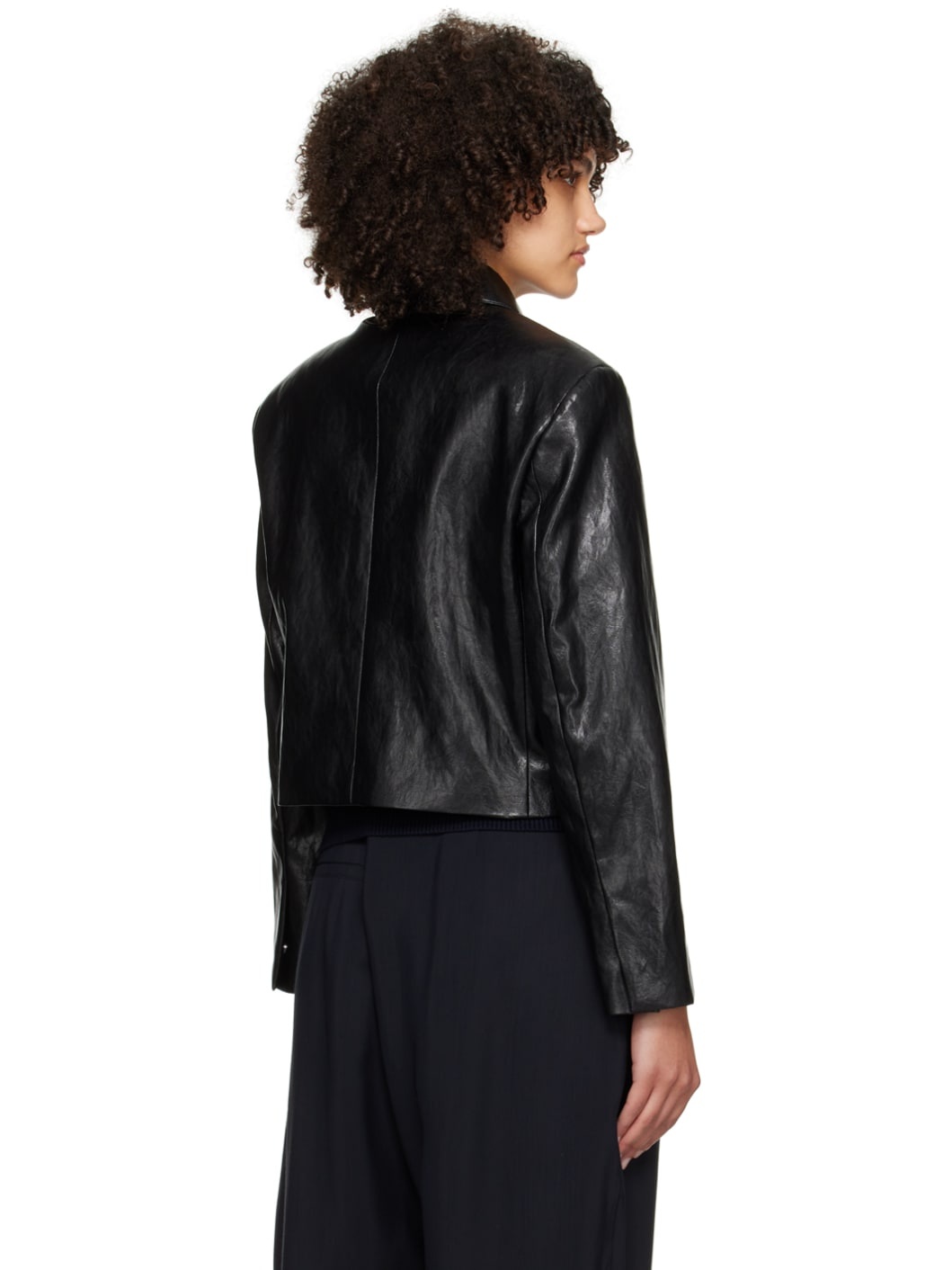 Black Collared Faux-Leather Jacket - 3