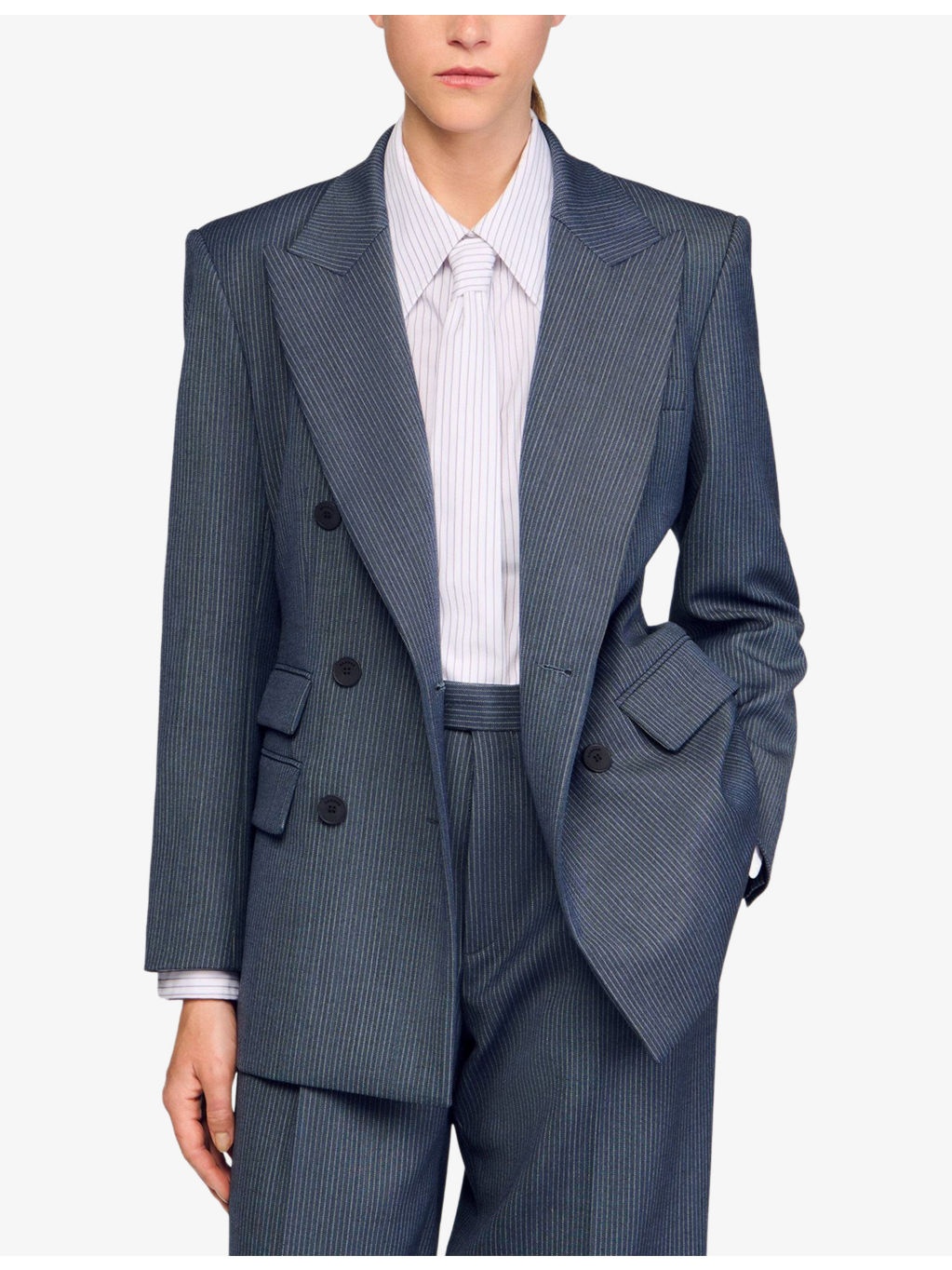 Striped Peak-Lapel Double-Breasted Stretch-Woven Blazer - 3