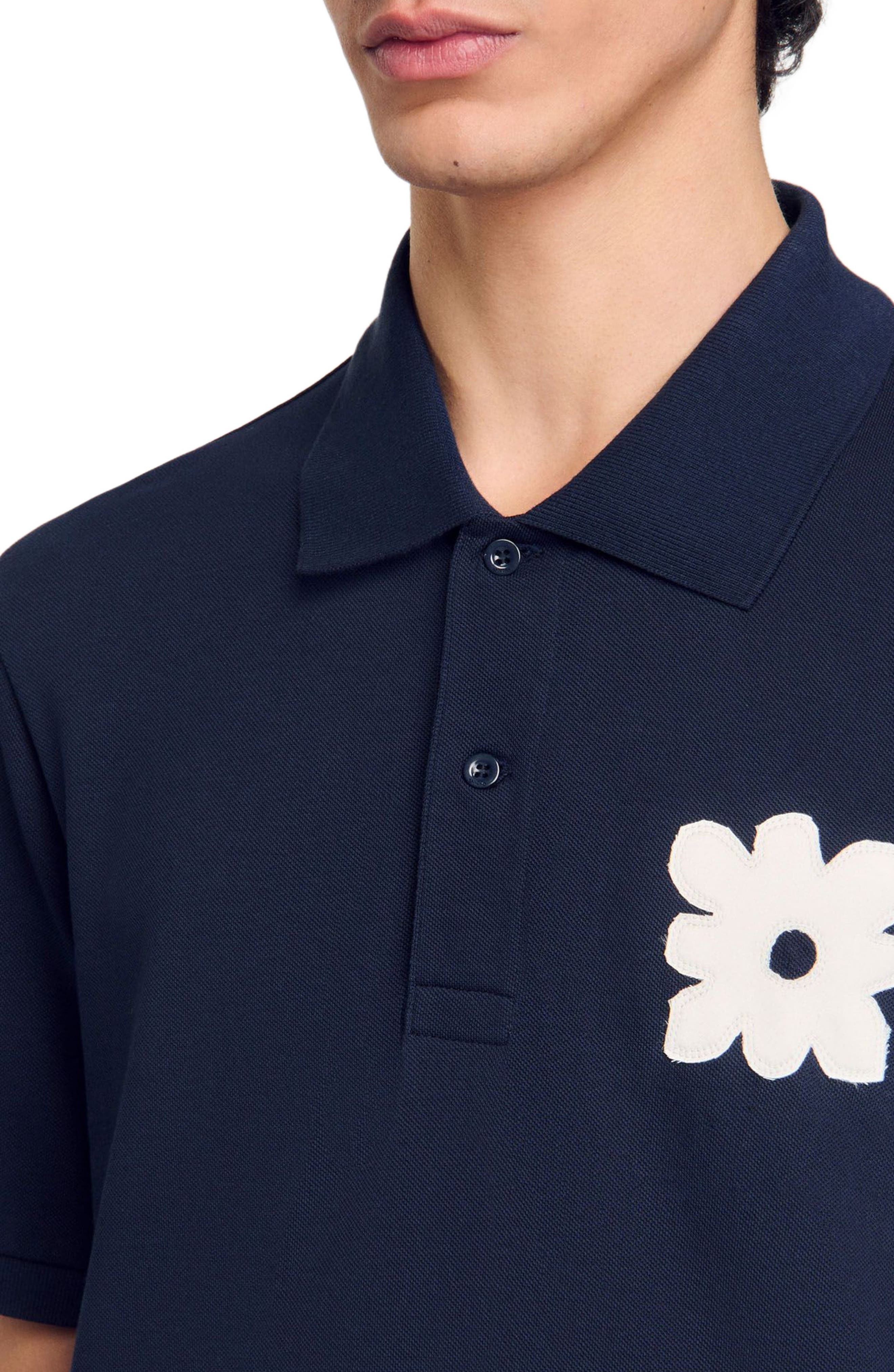 SANDRO Polo shirt with flower patch in Midnight Blue at Nordstrom - 4
