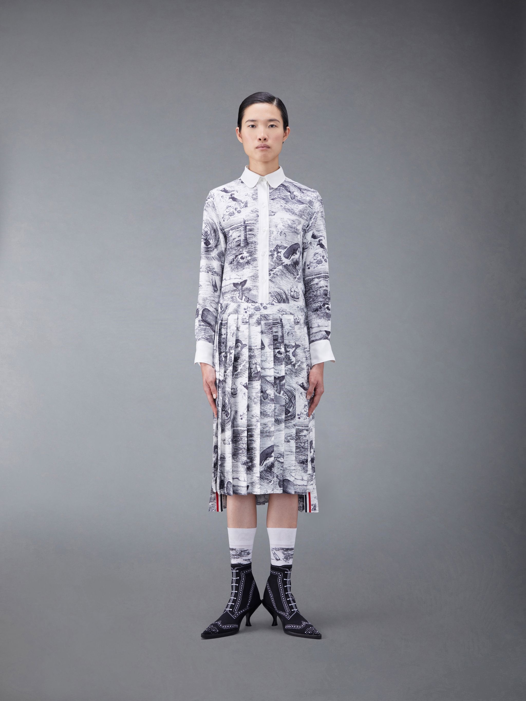 Nautical Silk Twill Toile Pleated Bottom Round Collar Shirtdress - 1