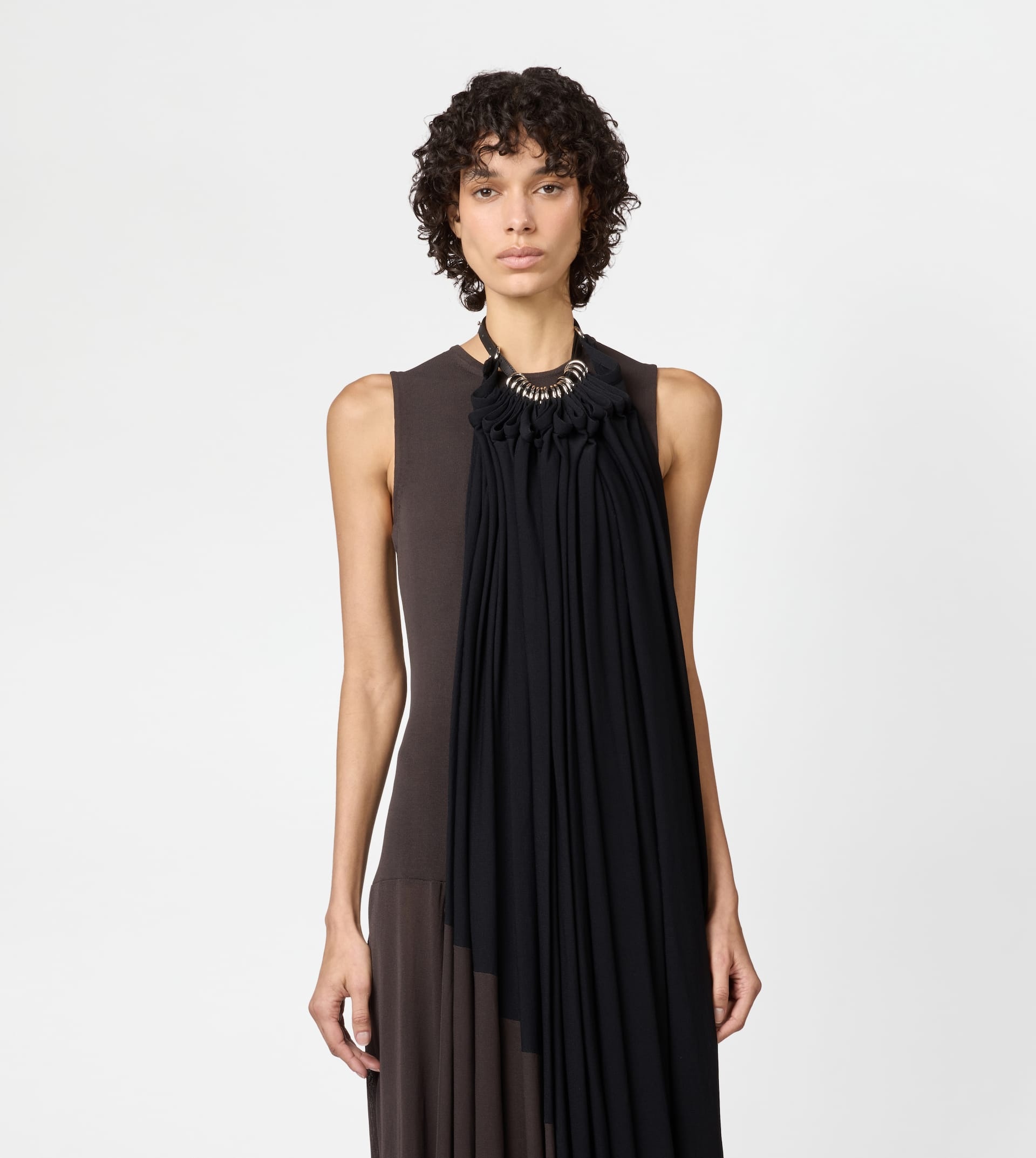 DRESS WITH DRAPE IN STRETCH VISCOSE - BROWN, BLACK - 4