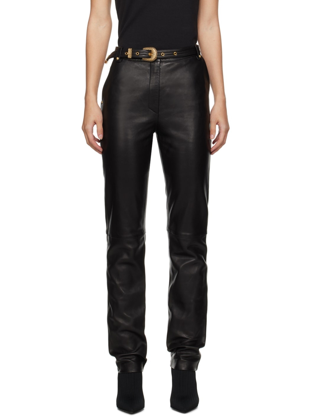 Black Belted Leather Trousers - 1