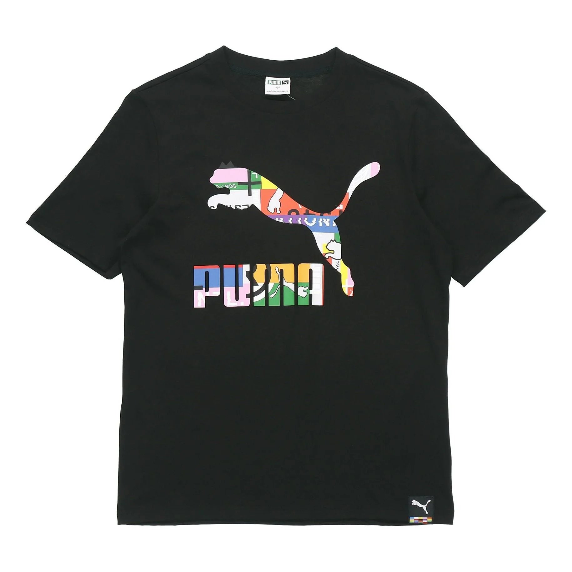 PUMA Intl 티 다색 로고 인쇄 스포츠 둥근 목 짧은 소매 검정 532274-51 - 1