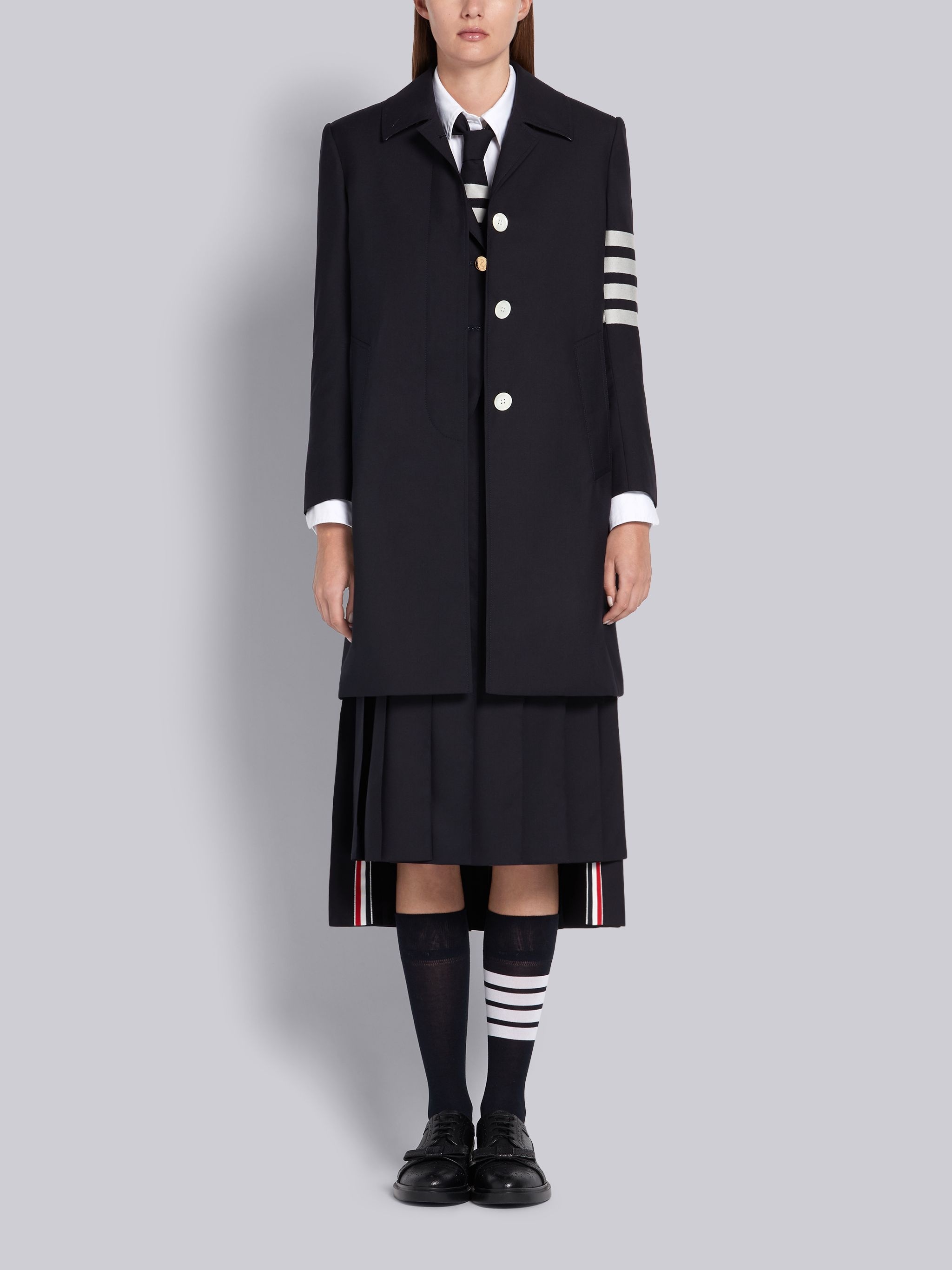 Navy Wool Plain Weave Pleated 4-Bar Skirt - 4