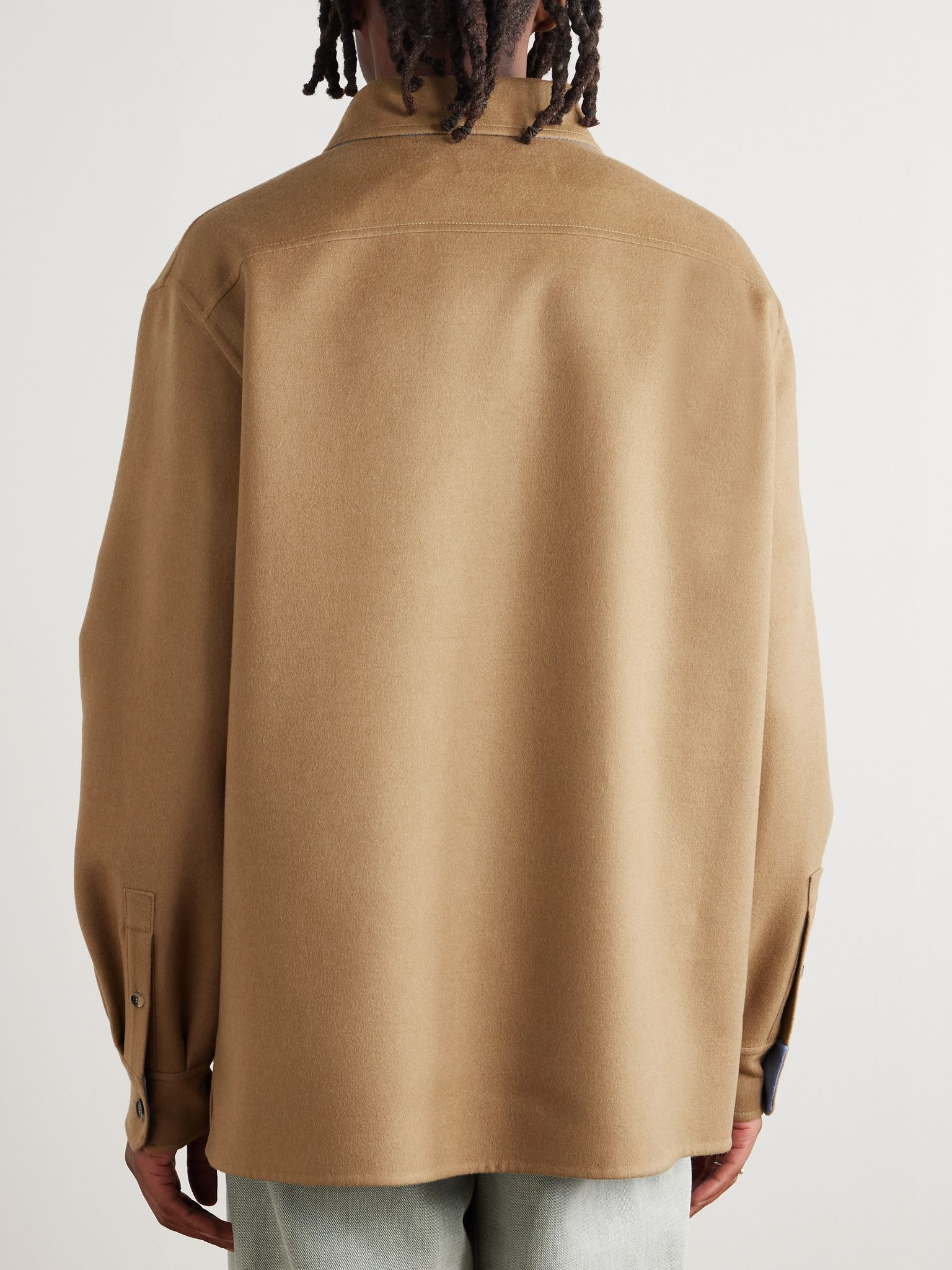 Logo-Debossed Leather-Trimmed Brushed Wool and Cashmere-Blend Overshirt Beige - 4