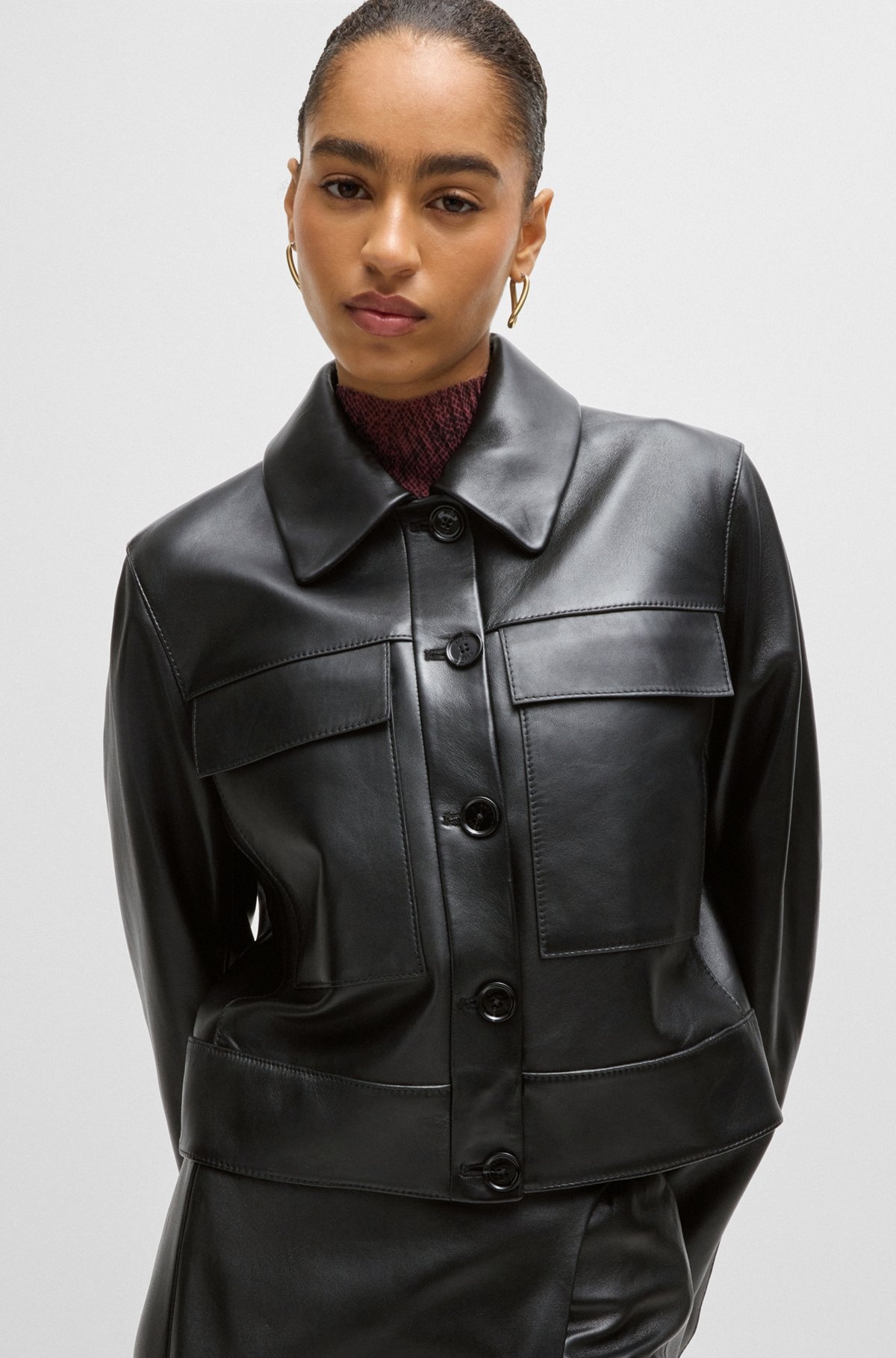 LEATHER JACKET WITH CONTRAST CUFFS AND BUTTONED CLOSURE - 6