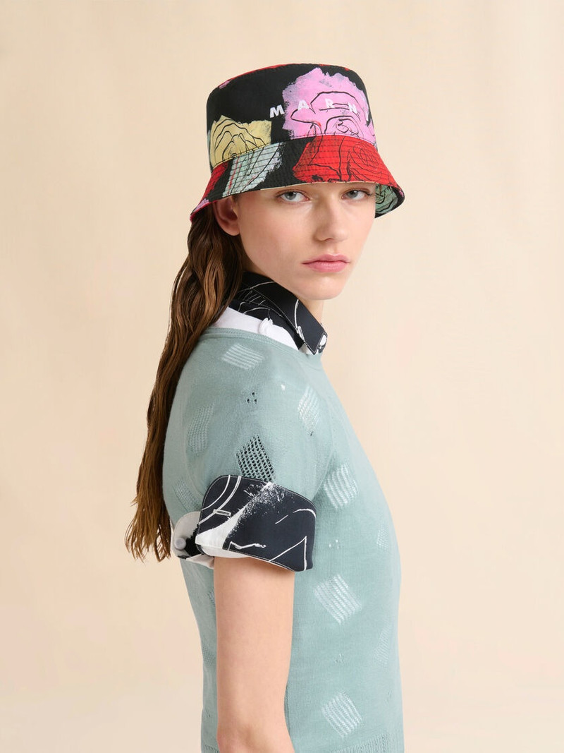 Marni BLACK COTTON BUCKET HAT WITH ORION PRINT outlook