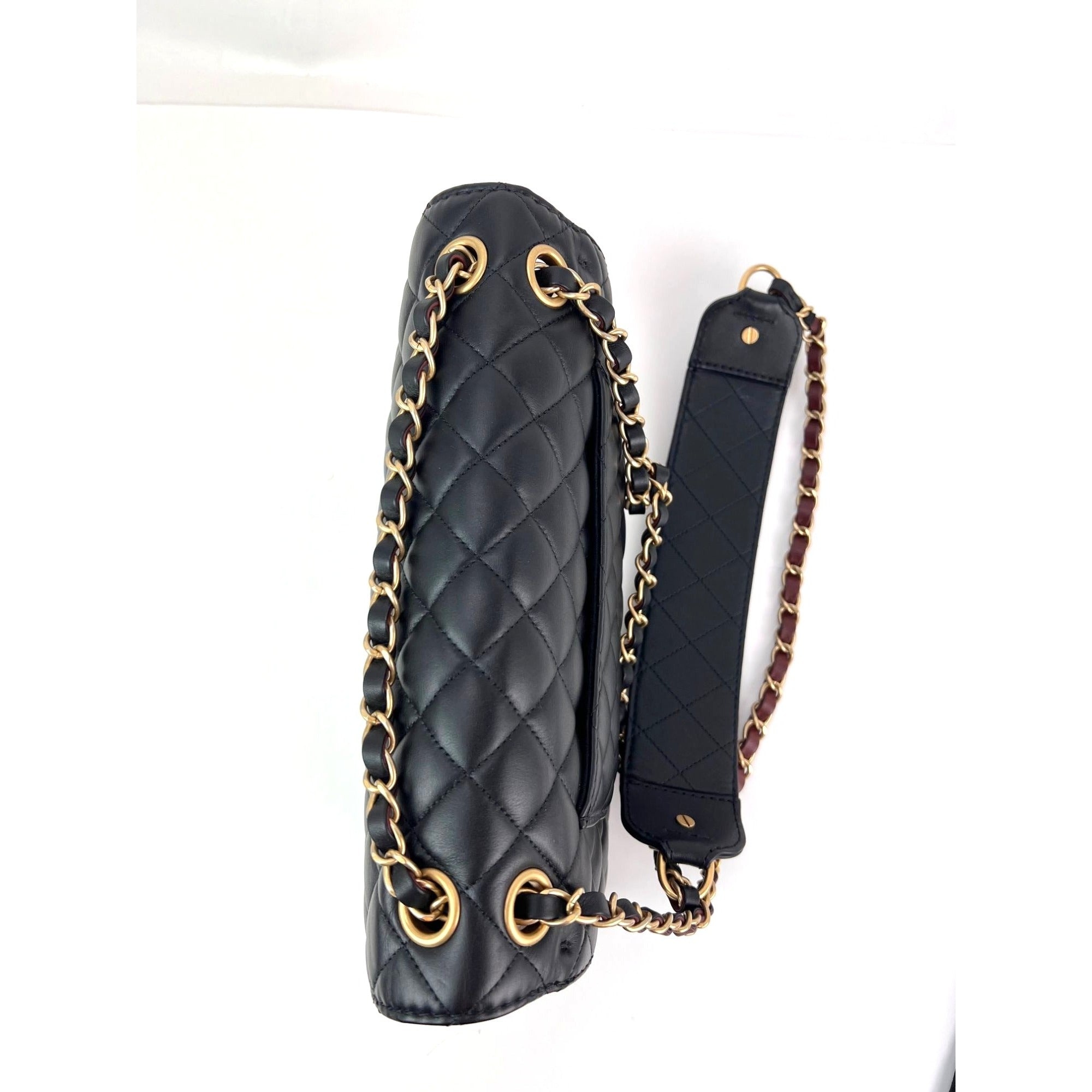 Chanel Calfskin Quilted Strap into Flap Black Burgundy Shoulder Bag - 11
