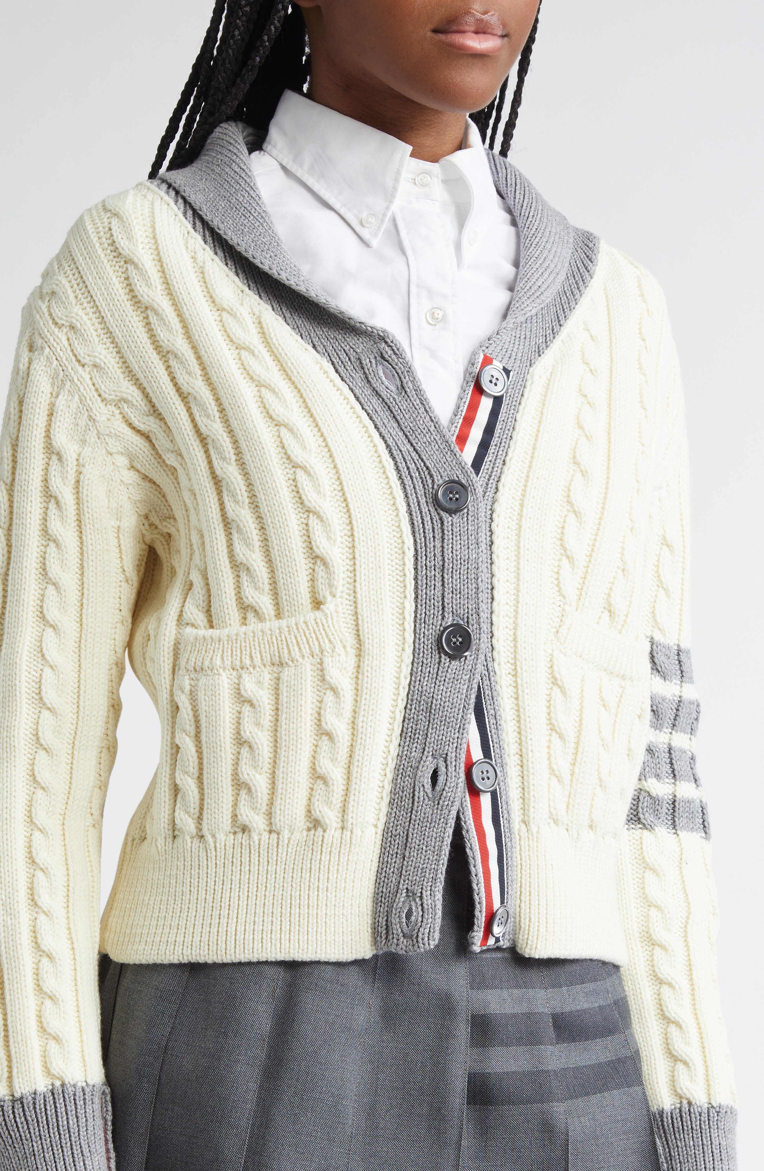 Thom Browne 4-Bar Cable Knit Virgin Wool Shawl Cardigan in White at Nordstrom - 5