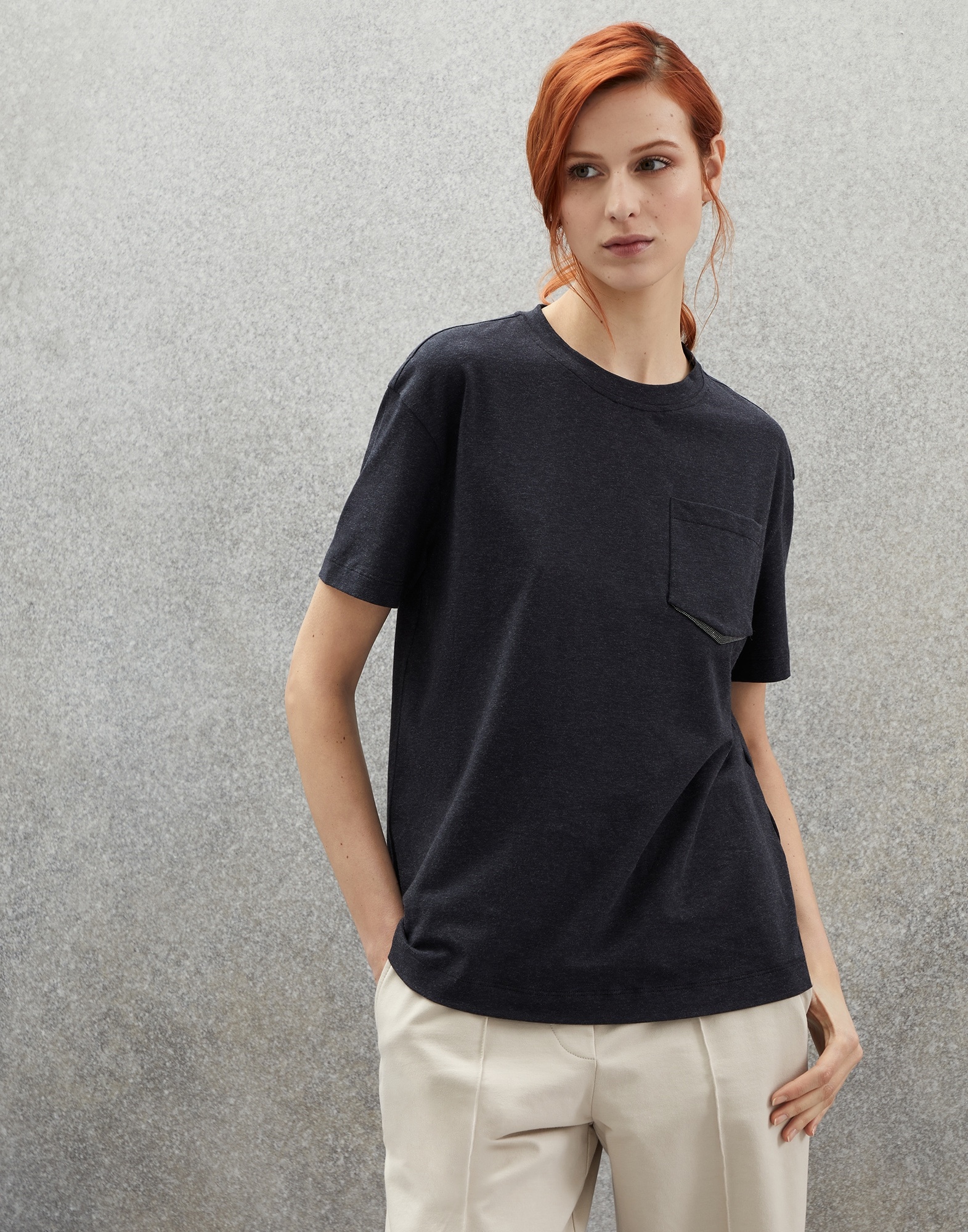 Stretch cotton jersey T-shirt with shiny shadow pocket - 1