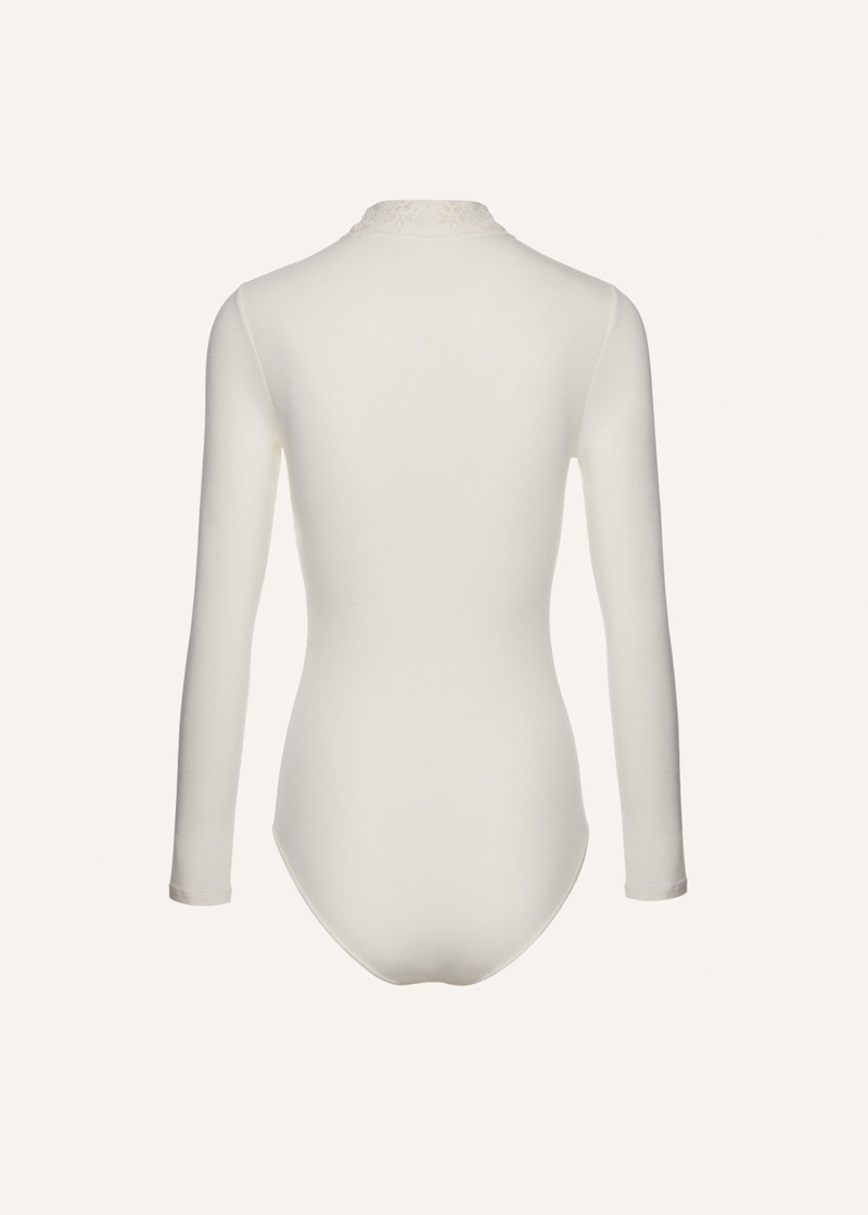 Long-sleeve tricot polo bodysuit in cream 2