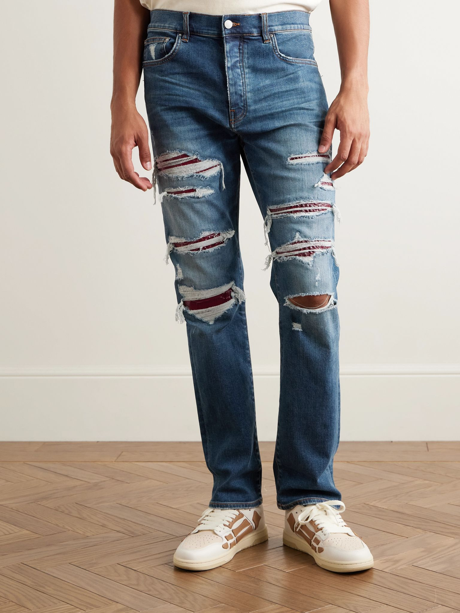 Thrasher Slim-Fit Distressed Croc-Effect Leather-Trimmed Panelled Jeans Blue - 3