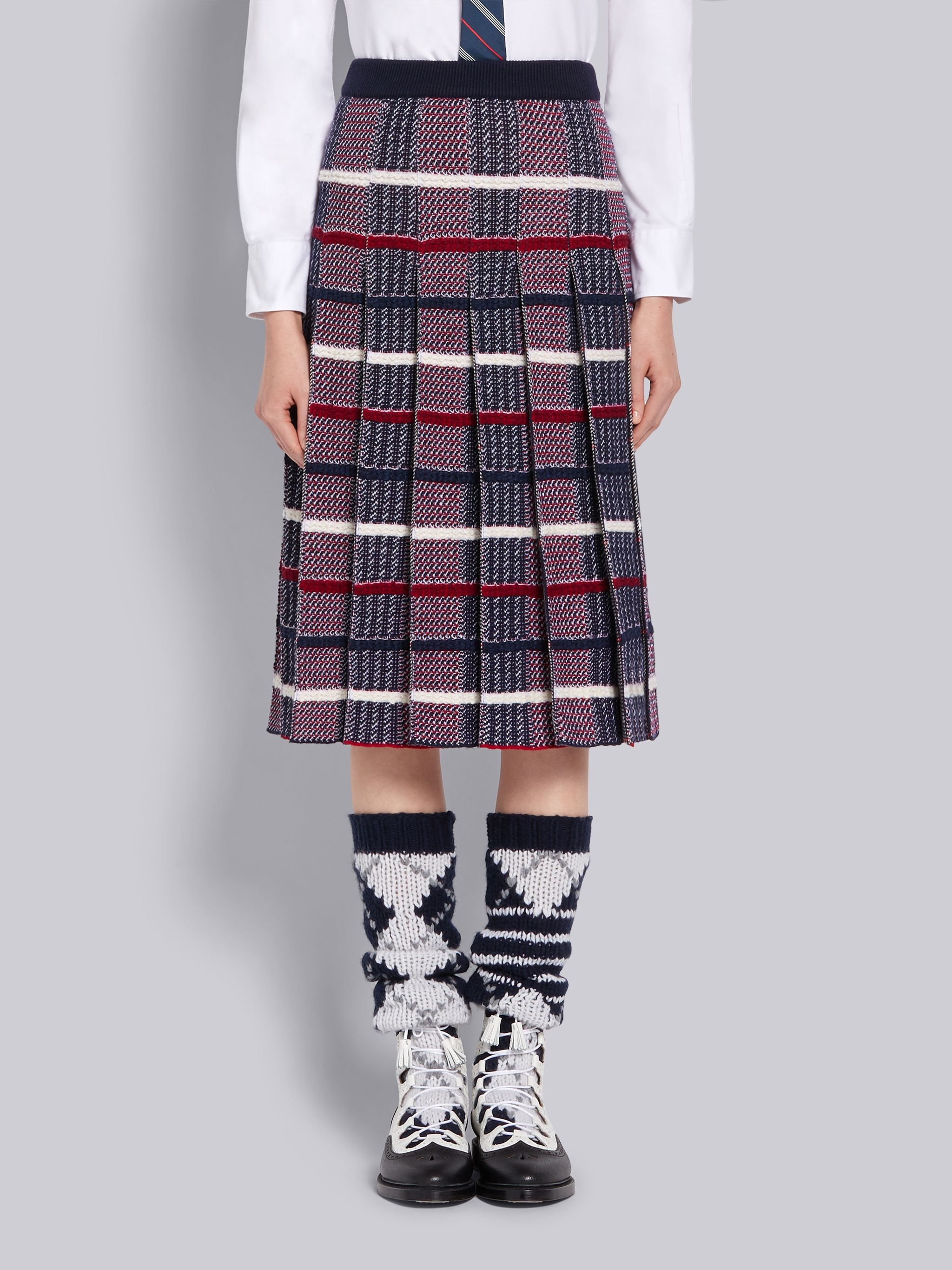 Tricolor Shetland Merino Wool Check Jacquard Inlay Pleated Skirt - 1