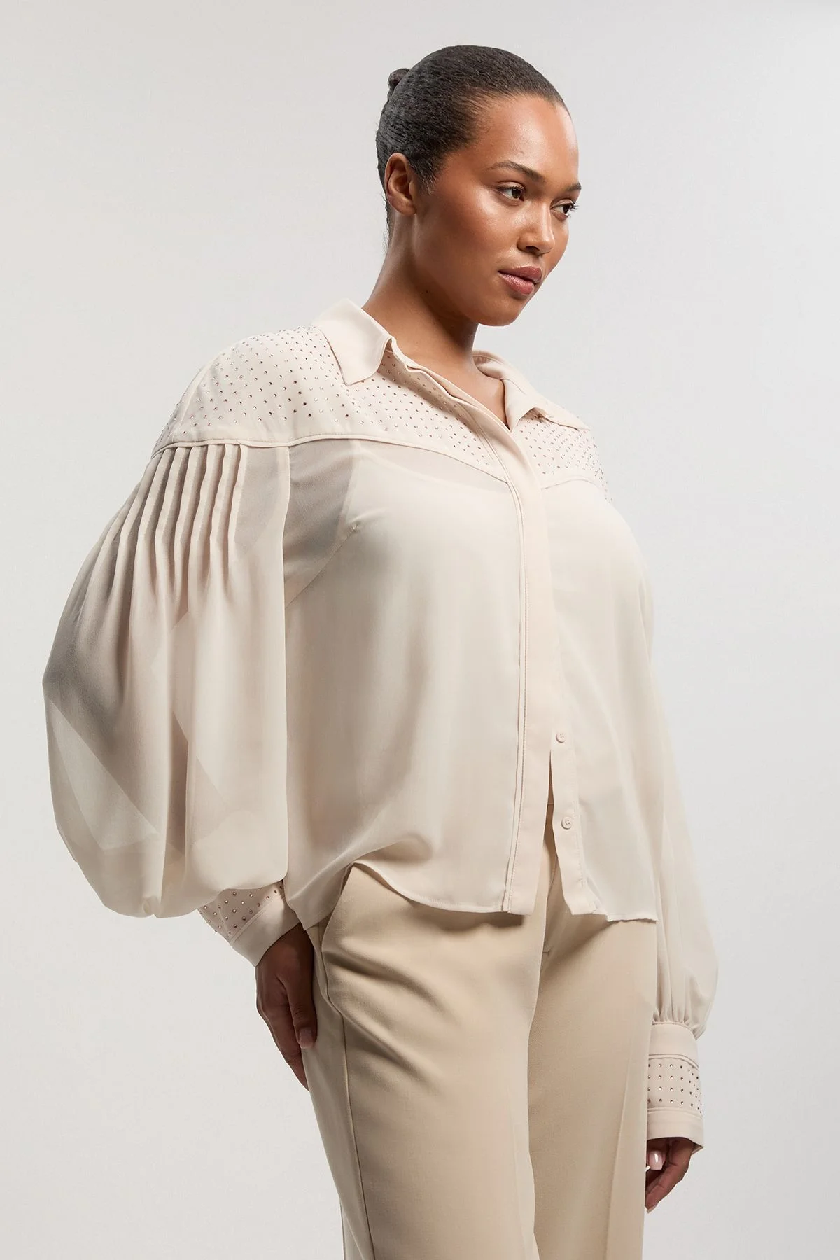 Plus Size Hotfix Studded Long Sleeve Woven Shirt - 1