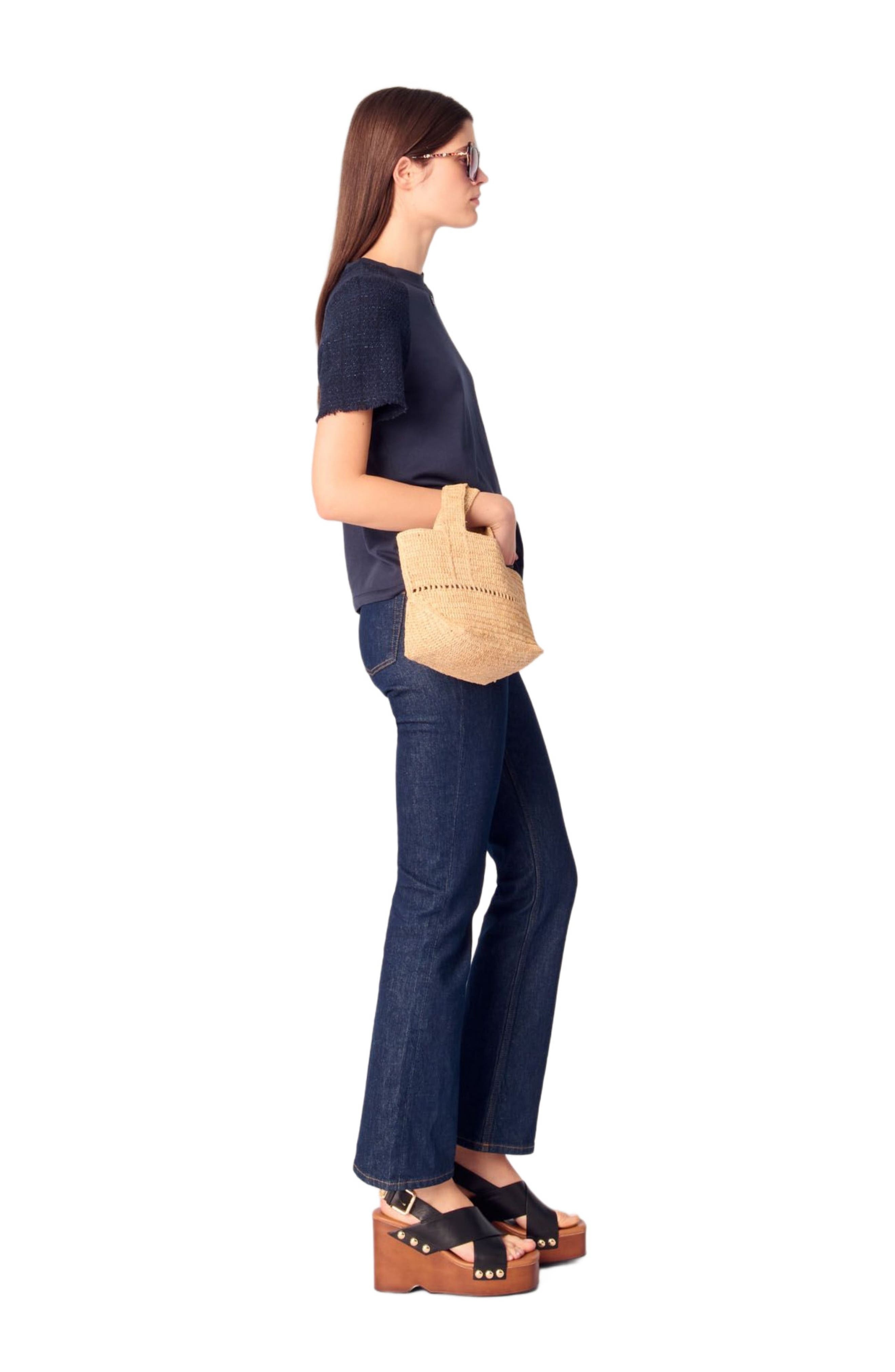maje Tweed-sleeved T-shirt in Navy at Nordstrom - 4