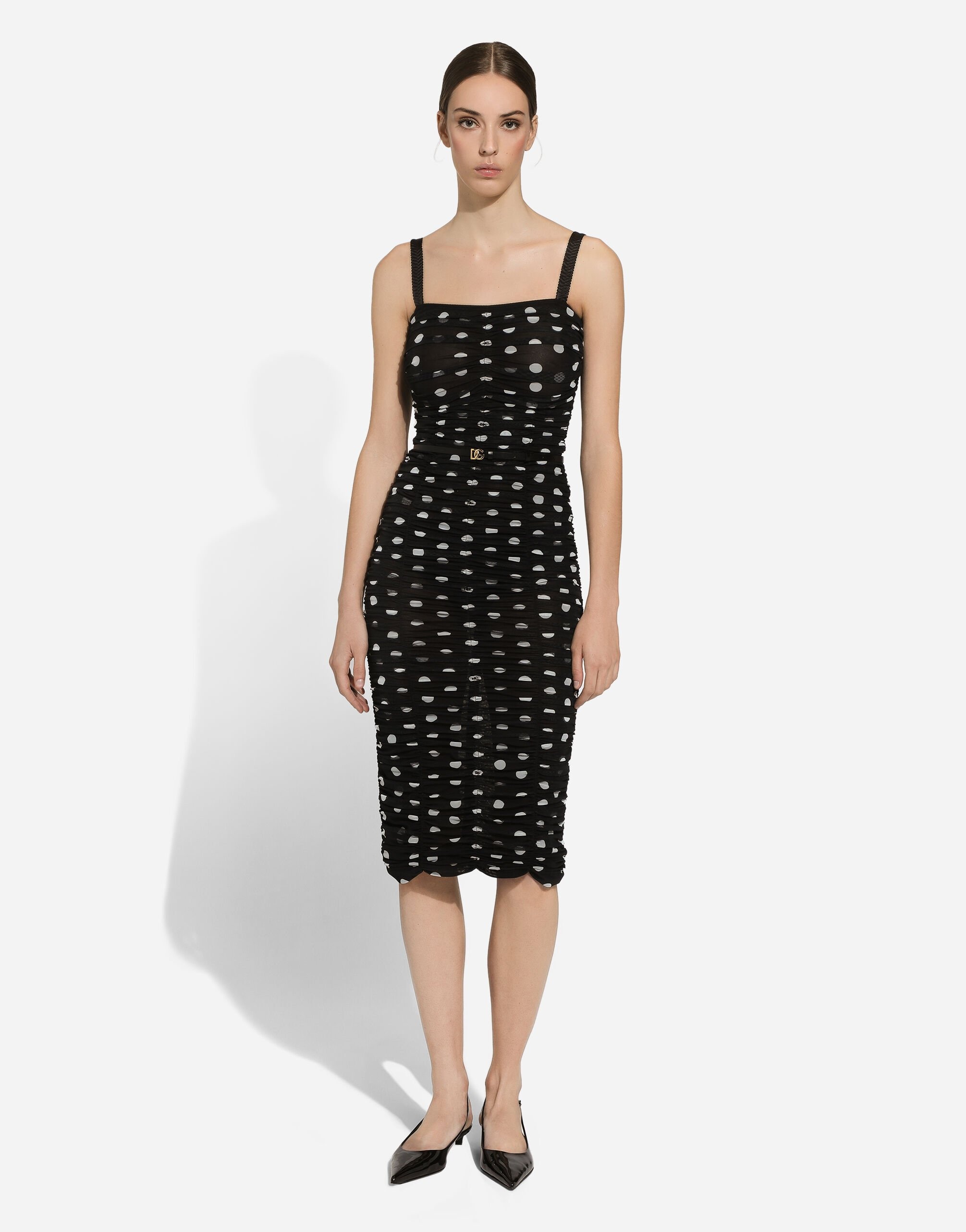Tulle calf-length sheath dress with draping and polka-dot print - 2