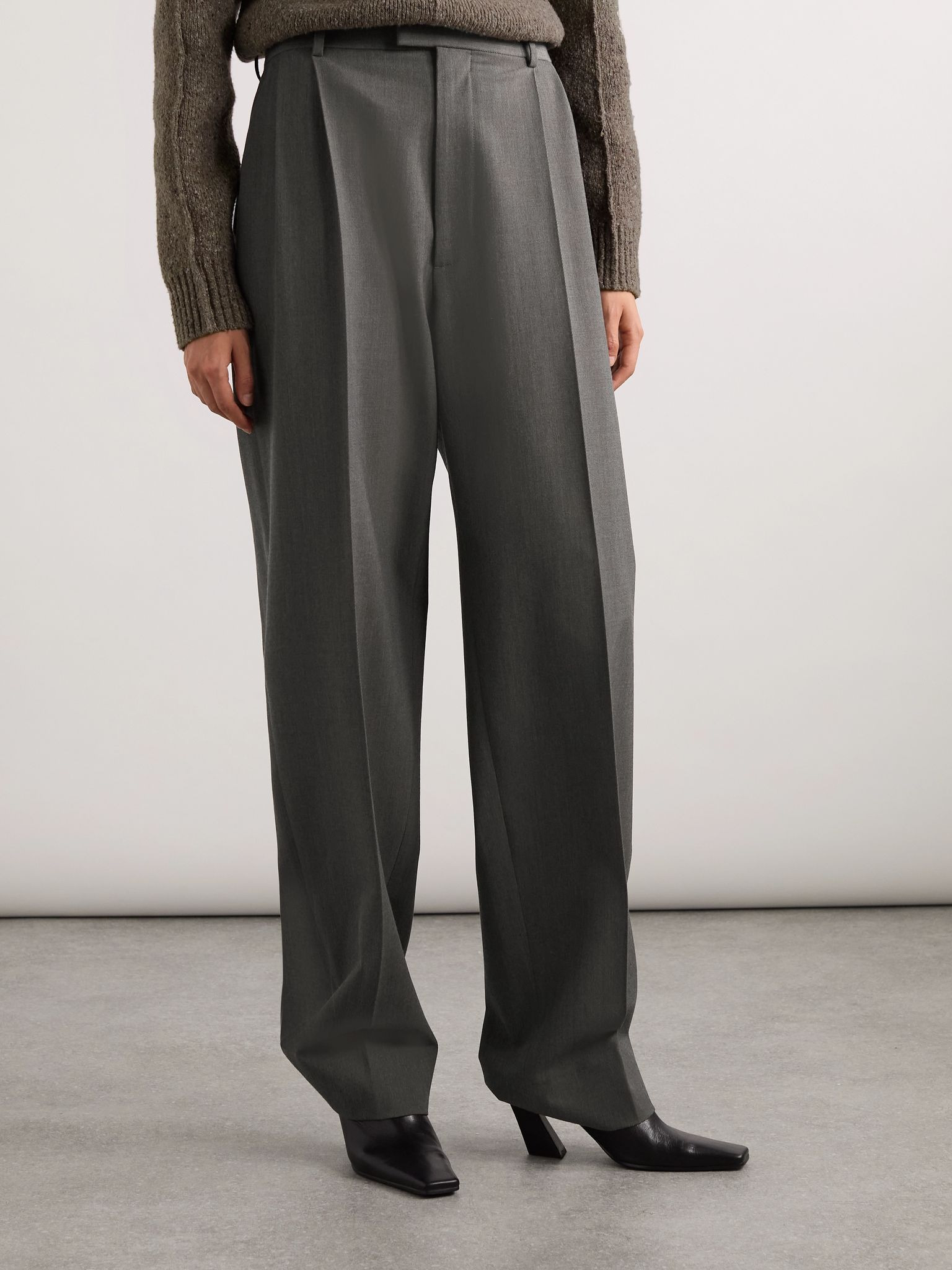 Pleated wool-blend straight-leg pants Gray - 3
