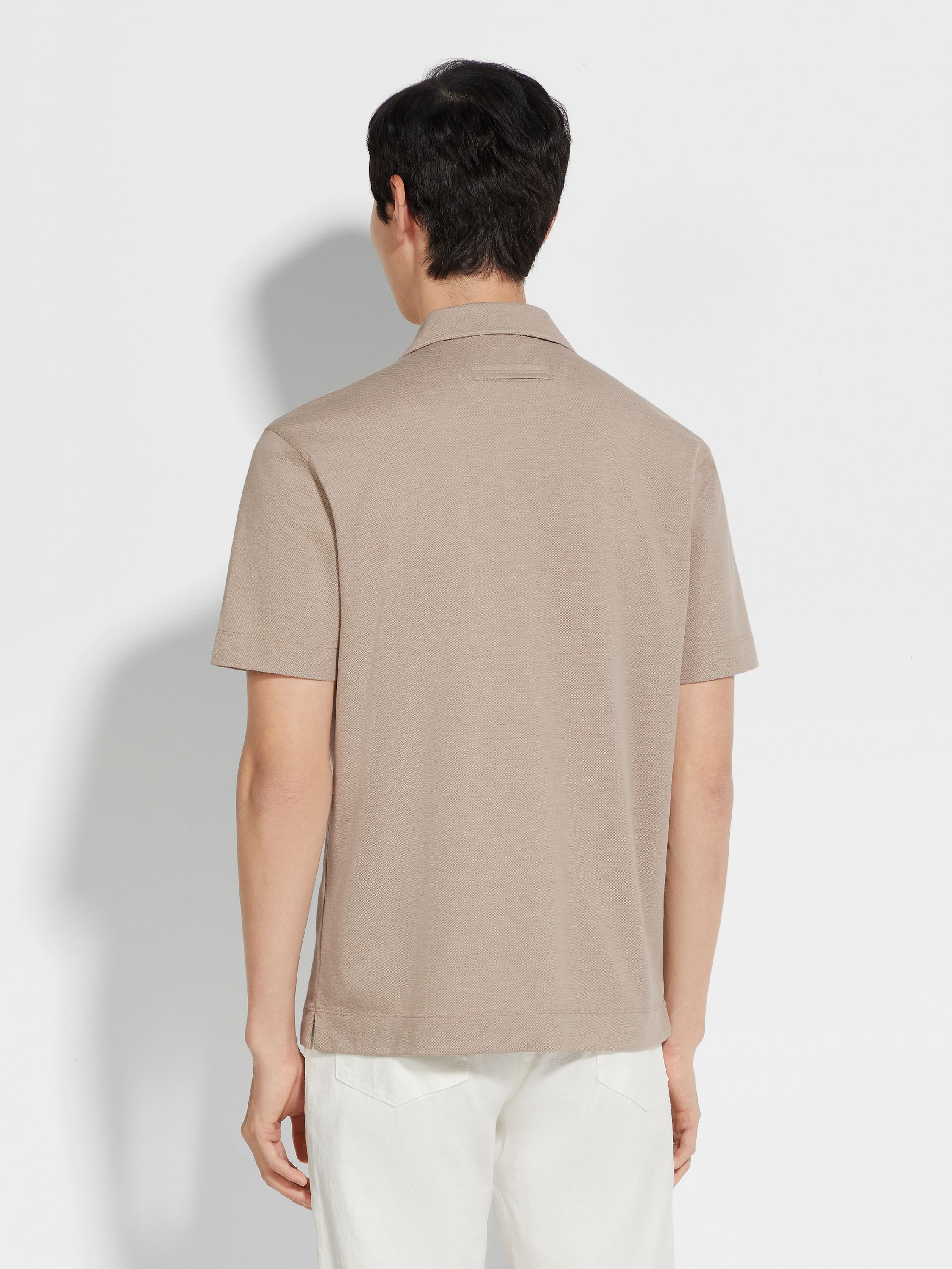 LIGHT TAUPE SILK AND COTTON PIQUET POLO SHIRT - 5