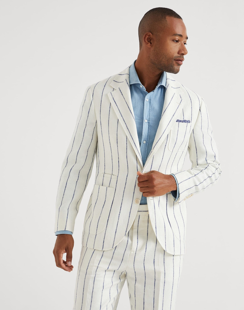 Linen, wool and silk chalk stripe deconstructed blazer with patch pockets 1