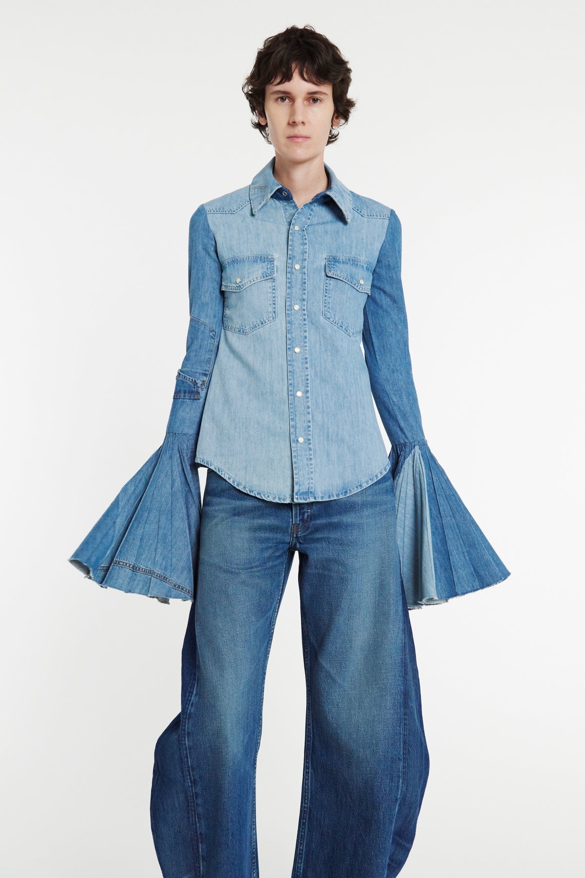 RECYCLED DENIM SHIRT WITH PLEATED BELL SLEEVES BLUE - 10