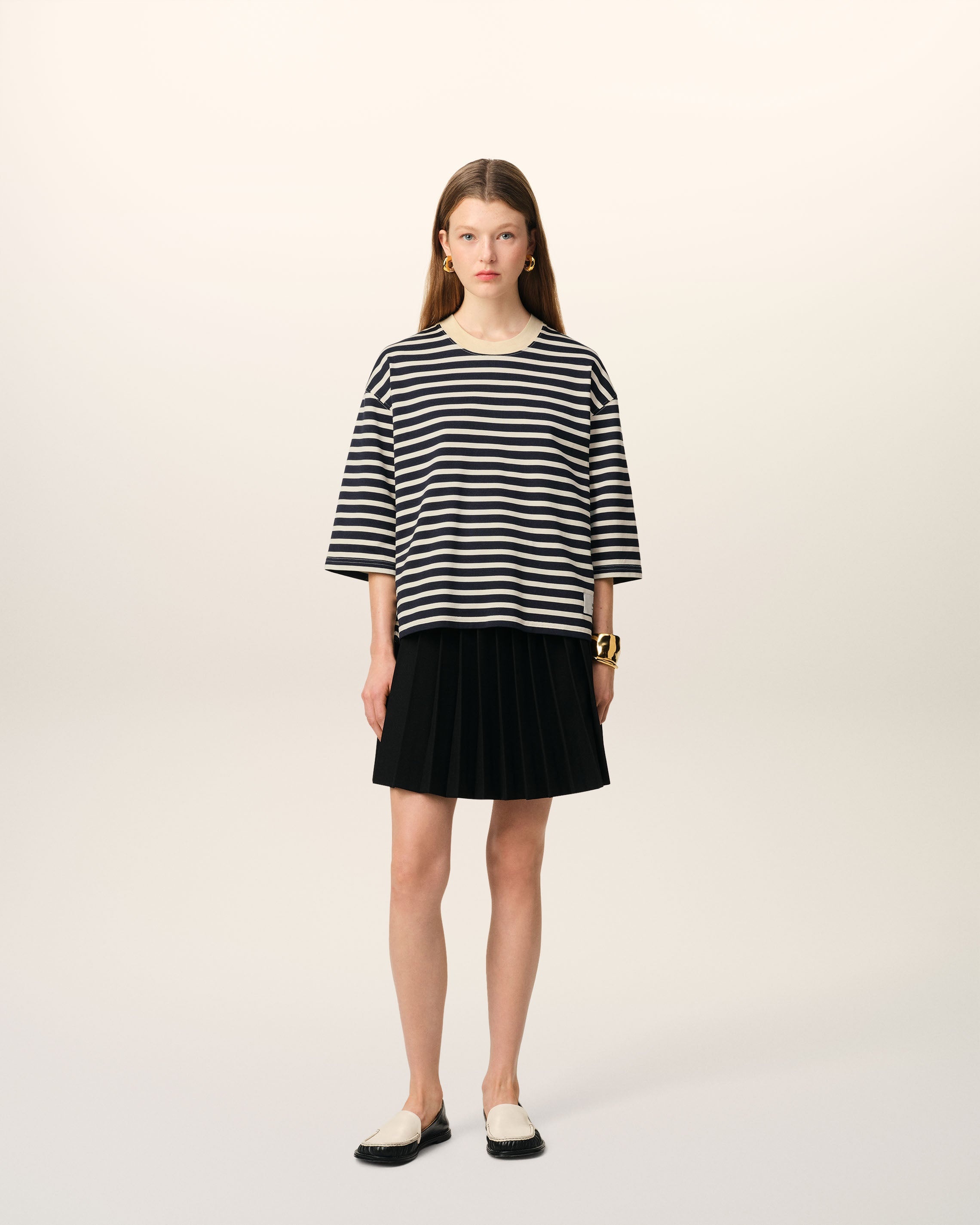 NAVY RECYCLED COTTON LOOSE STRIPED T-SHIRT - 2