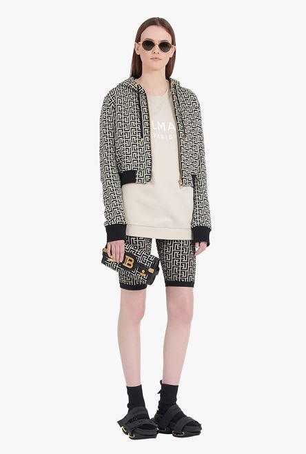 Cropped hooded cotton sweatshirt with ivory and black Balmain monogram - 2