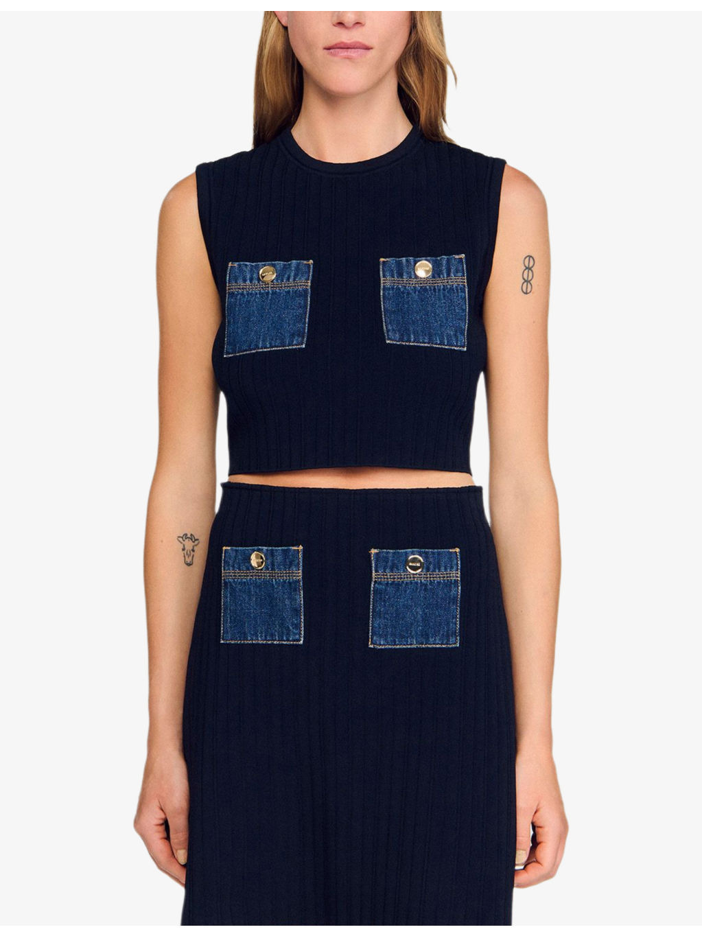 Denim-Pockets Sleeveless Knitted Top - 3