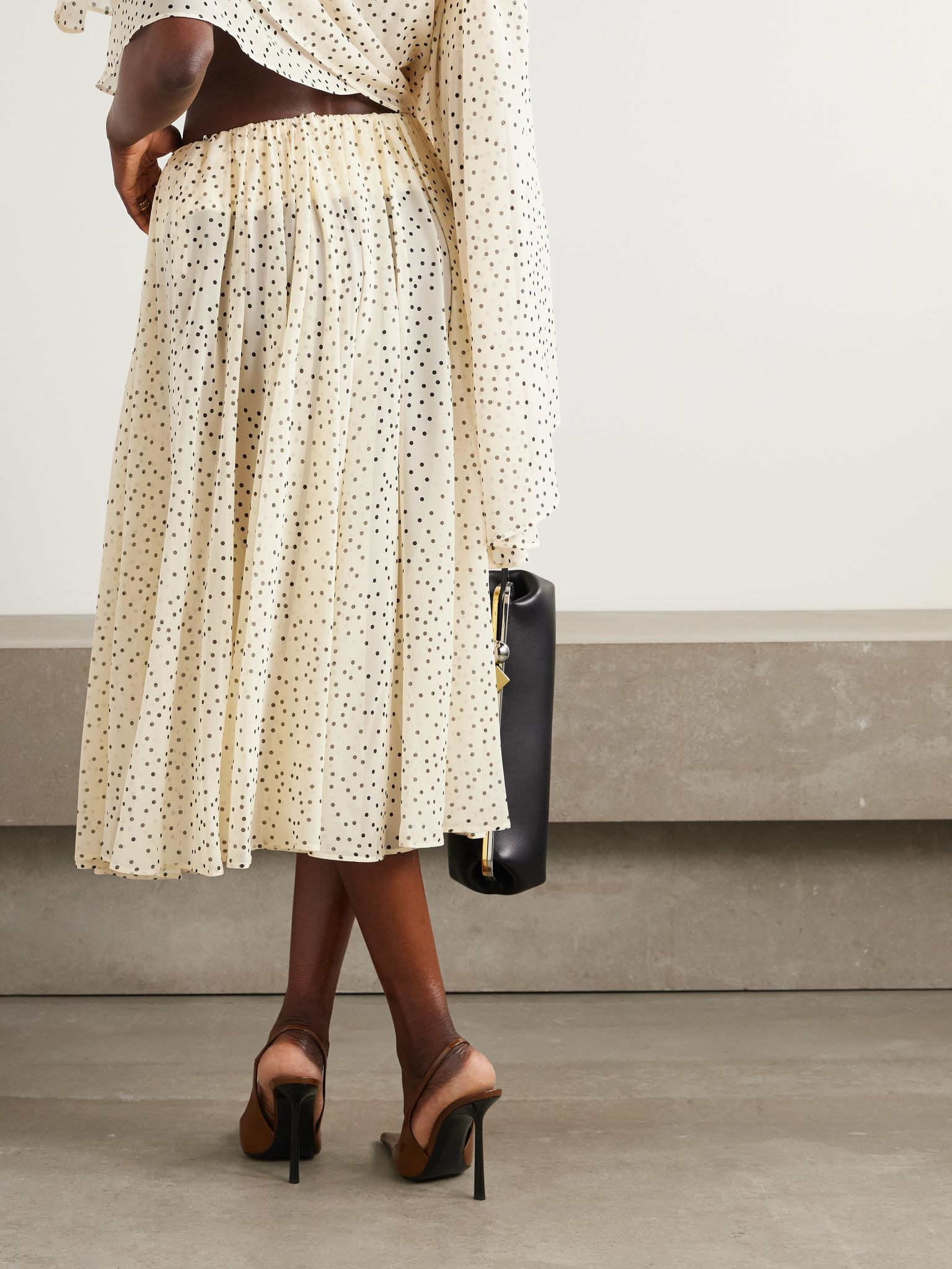 Pleated polka-dot silk-blend chiffon midi skirt Cream - 3