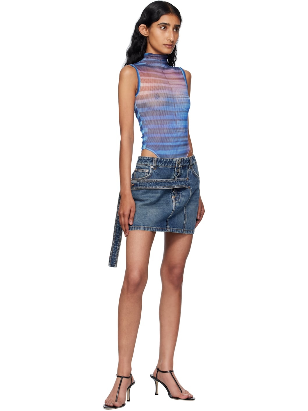 Blue Low Waisted Strap Denim Miniskirt - 4