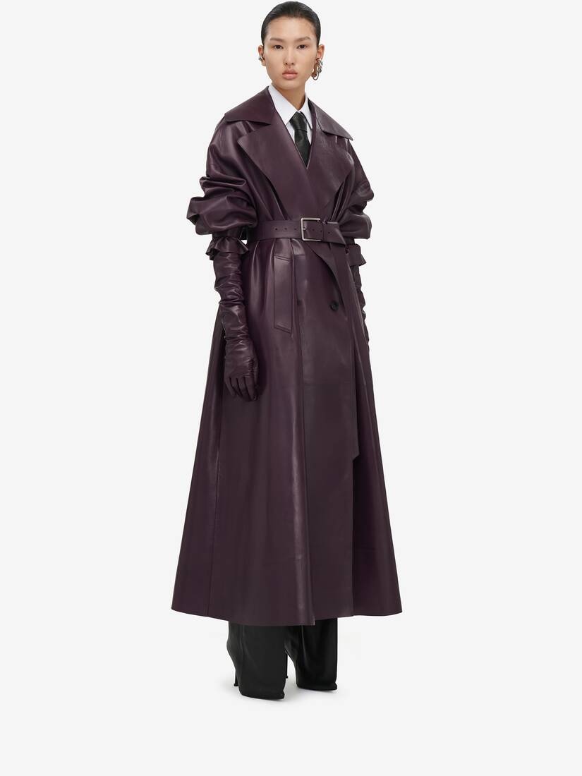 Women's Cocoon Sleeve Leather Trench Coat in Night Shade - 3